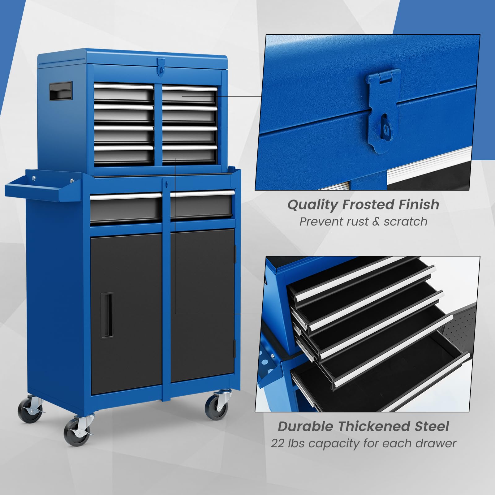 ERGOMASTER Heavy Duty 5-Drawer Rolling Tool Chest with Lockable Cabinet - Removable Storage for Garage, Workshop & DIY Projects - Durable Blue Tool Box for Professional Mechanics & Home Improvement