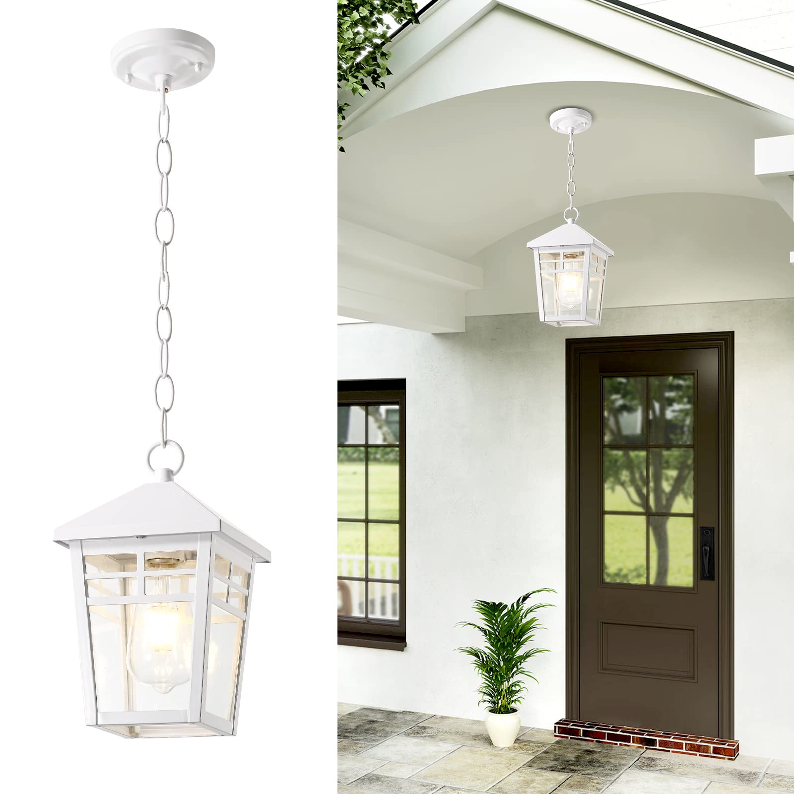 Waterproof White Outdoor Pendant Light Fixture with Seeded Glass & Adjustable Chain - Hanging Porch Lantern for Entryway, Doorway, Patio & Garden Decor