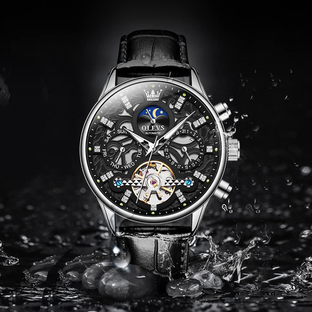 OLEVS Men's Automatic Skeleton Watch - Mechanical Dress & Casual Wristwatch with Moon Phase, Luminous Hands, Waterproof, Brown/Black Leather Strap - Perfect for Business, Formal Events & Everyday Wear