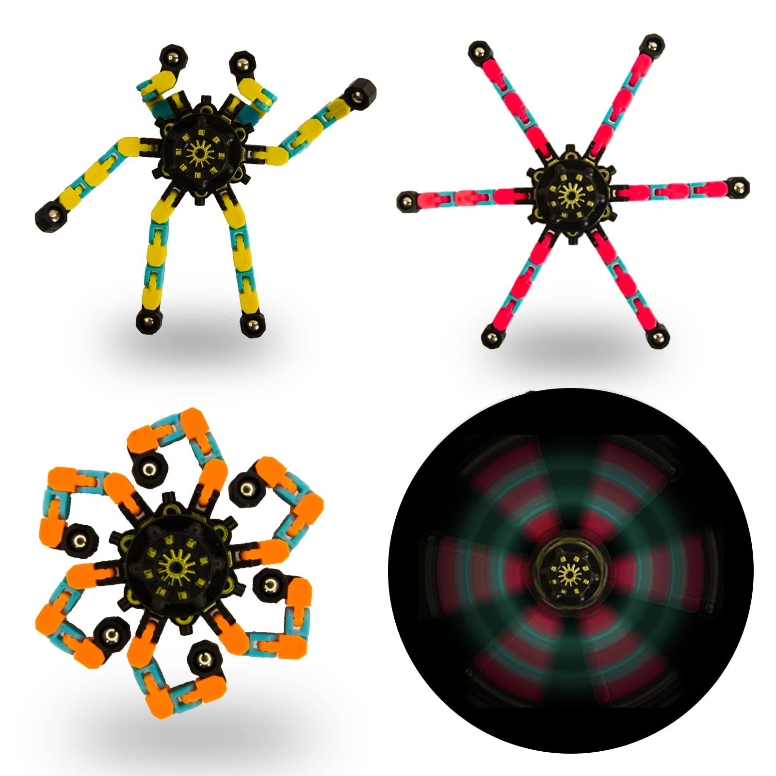 3PCS Transformable LED Light Up Fidget Spinners - DIY Deformable Mechanical Spiral Twister Finger Toys for Stress Relief & Focus - Chain Robot Toy for Kids & Adults (Pack of 3) - Perfect for Anxiety Relief, Office Desk Toys, Classroom Fidget Tools & ADHD Sensory Play