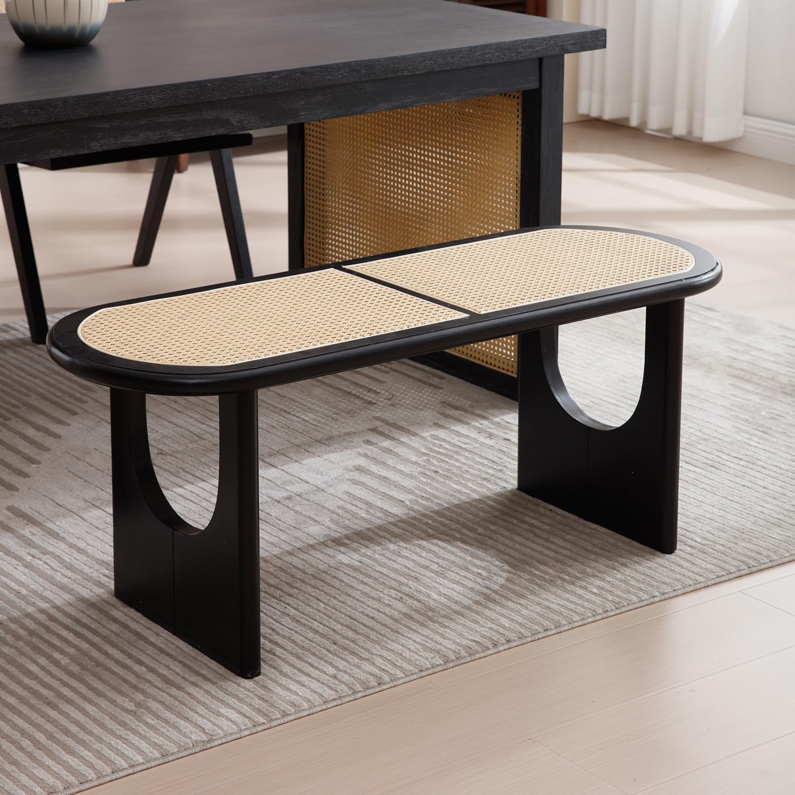 ZSARTS Wicker Rattan Bench - Farmhouse Style Dining Bench, Entryway Seat & Wooden Ottoman - Natural Cane Design for Bedroom, Living Room, Dining Room or Hallway - Black Wood Finish - Perfect for Farmhouse Decor, Cozy Seating & Extra Storage