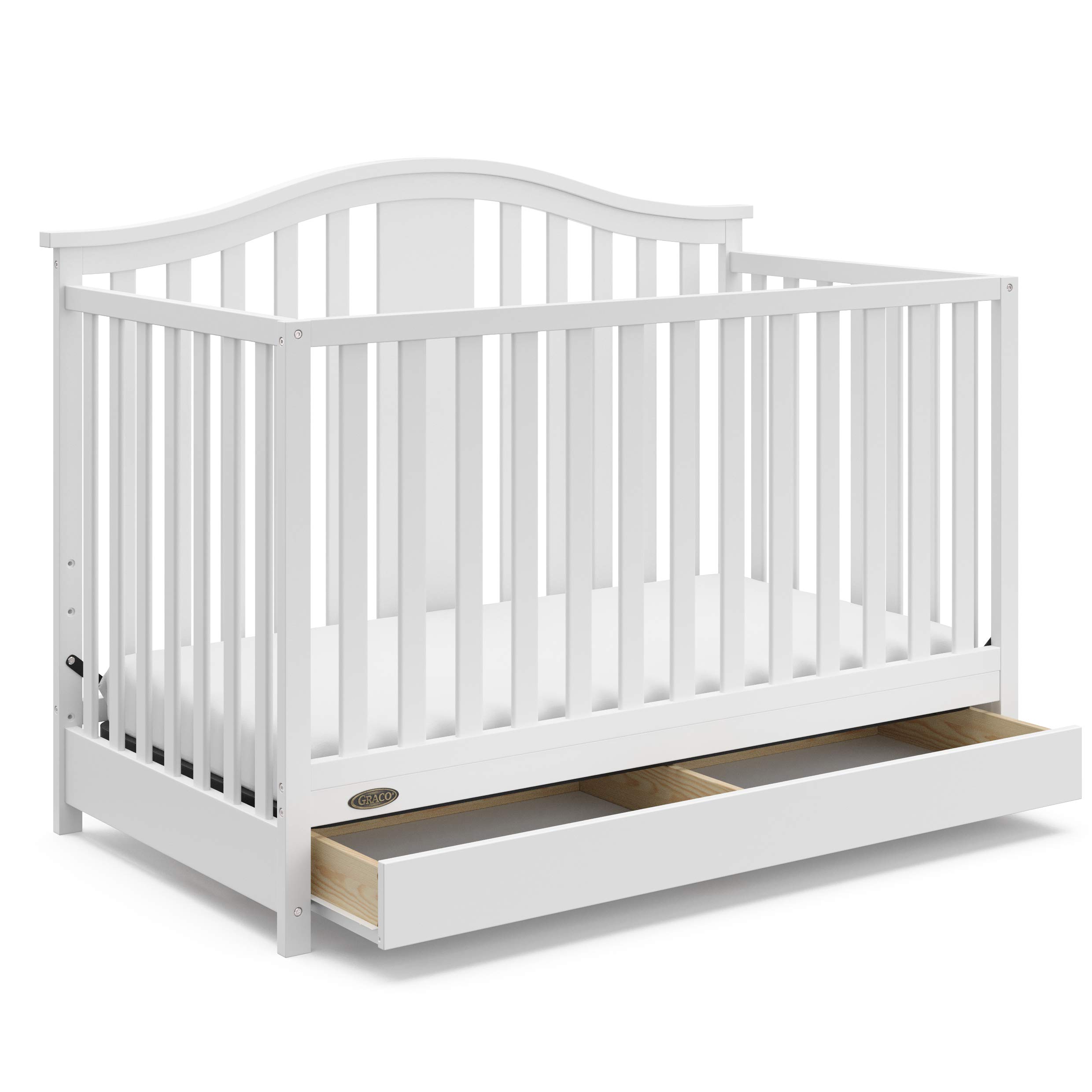Graco Solano 4-in-1 Convertible Crib with Storage Drawer - GREENGUARD Gold Certified, White Nursery Furniture Converts to Toddler & Full-Size Bed | Safe Baby Crib for Nursery, Bedroom & Daycare Use
