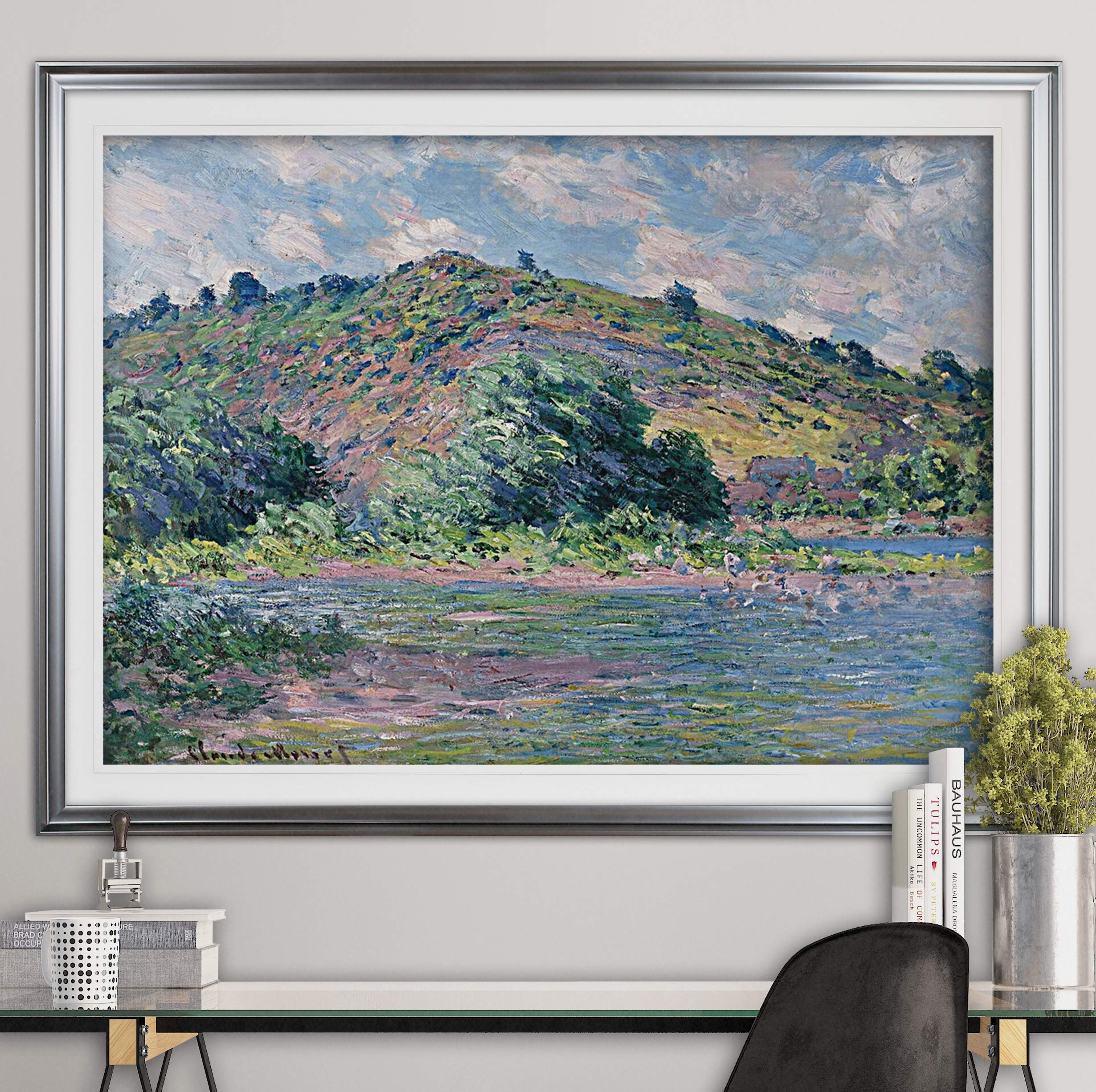 Banks of The Seine Landscape Painting - Framed Giclee Canvas Print, Nature Art Wall Decor for Living Room, Bedroom & Office