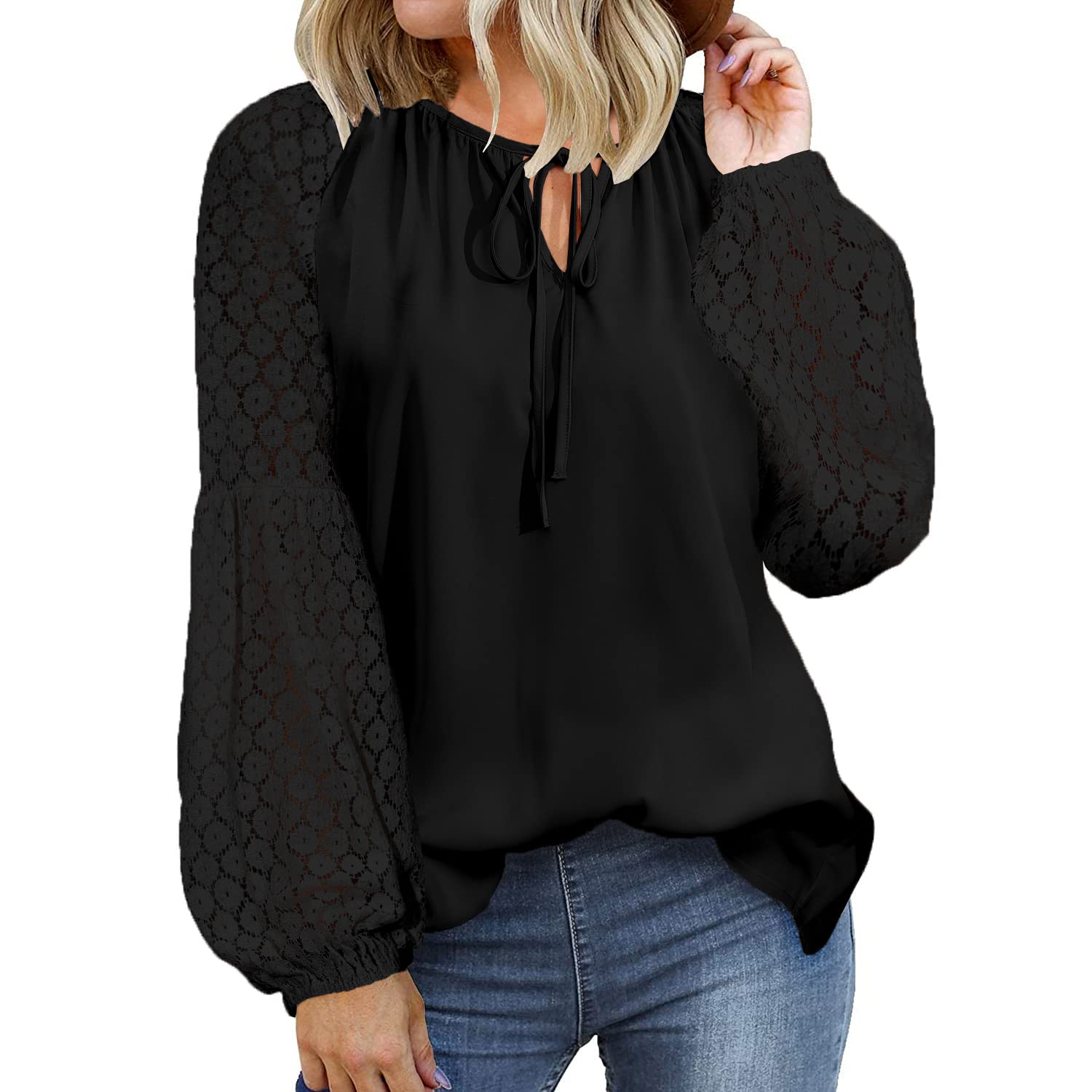 Elegant Women's Lace Long Sleeve Blouse - Crew Neck Loose Fit Casual Top for Everyday Wear | Perfect for Office, Date Night & Special Occasions