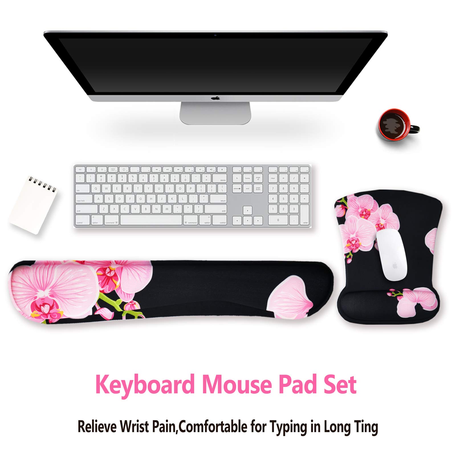 ARTSO Ergonomic Keyboard Wrist Rest & Mouse Pad Set with Memory Foam - Comfortable Wrist Support for Pain Relief, Durable Pink Orchid Butterfly Design - Perfect for Office, Gaming, and Long Computer Work Sessions