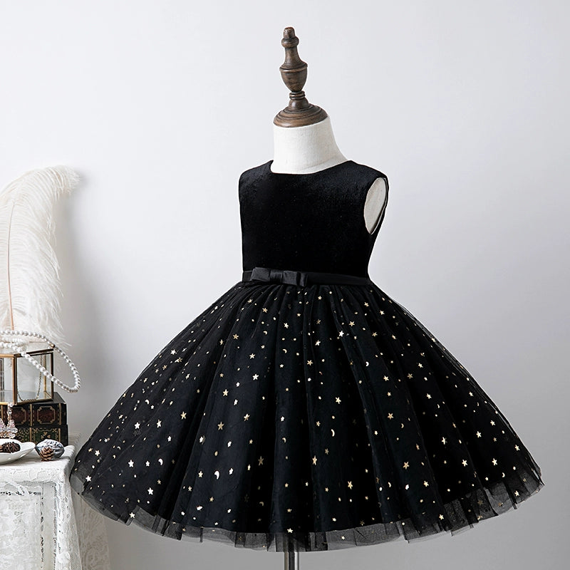 Black Princess Round Tea Length Tulle Flower Girl Dress for Weddings, Birthday Parties & Special Occasions