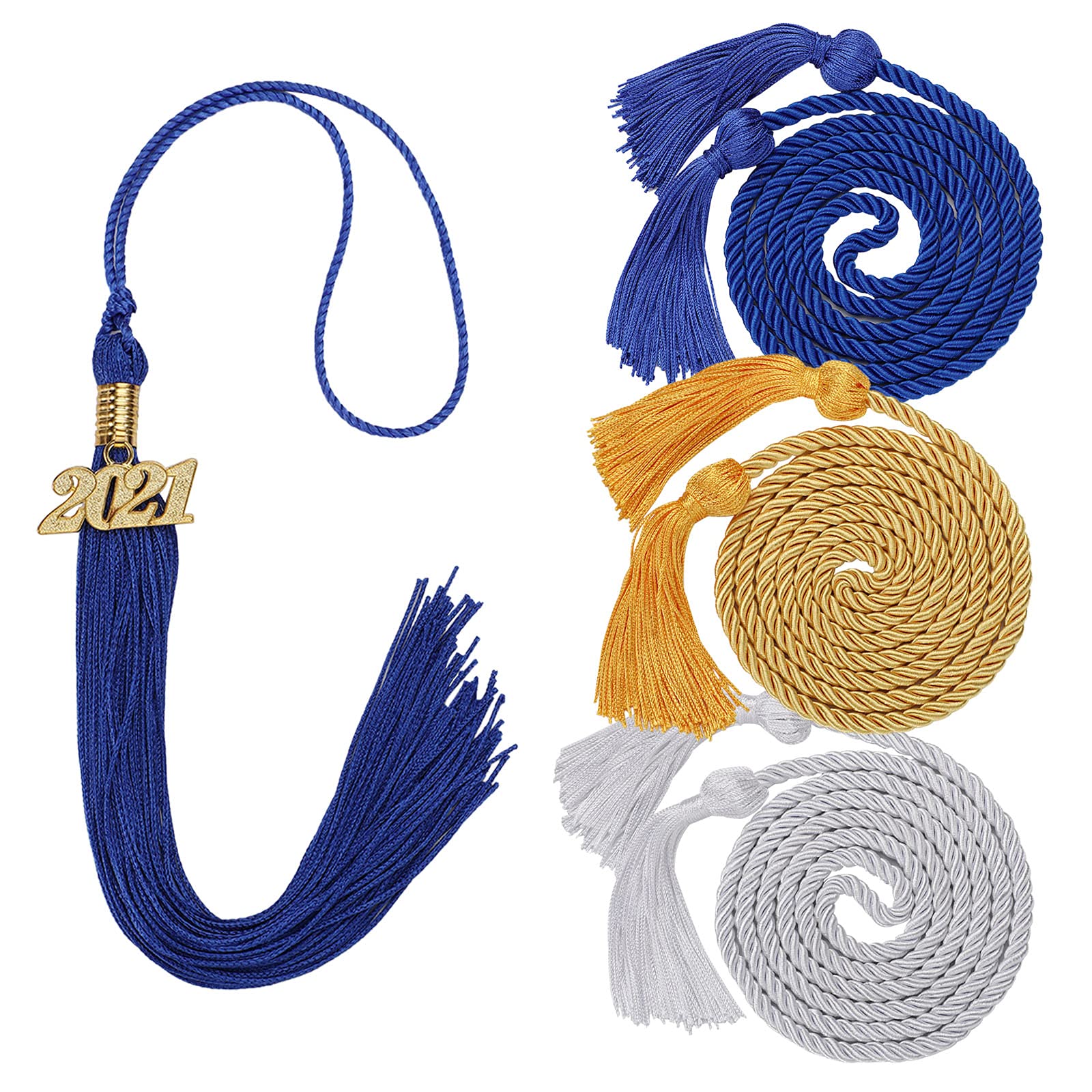3 Pack Graduation Honor Cords & Tassel Set with 2021 Gold Charm - Blue Academic Achievement Sashes for High School & College Graduates - Perfect for Graduation Ceremonies, Photo Props & Party Decorations