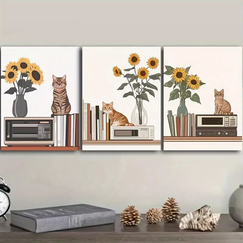 3-Piece 'Cat Sitting on Table' Framed Wall Art Set - 40x60cm High Quality Canvas Prints | Australian Made | Ready to Hang | Perfect for Living Room, Bedroom & Office Decor
