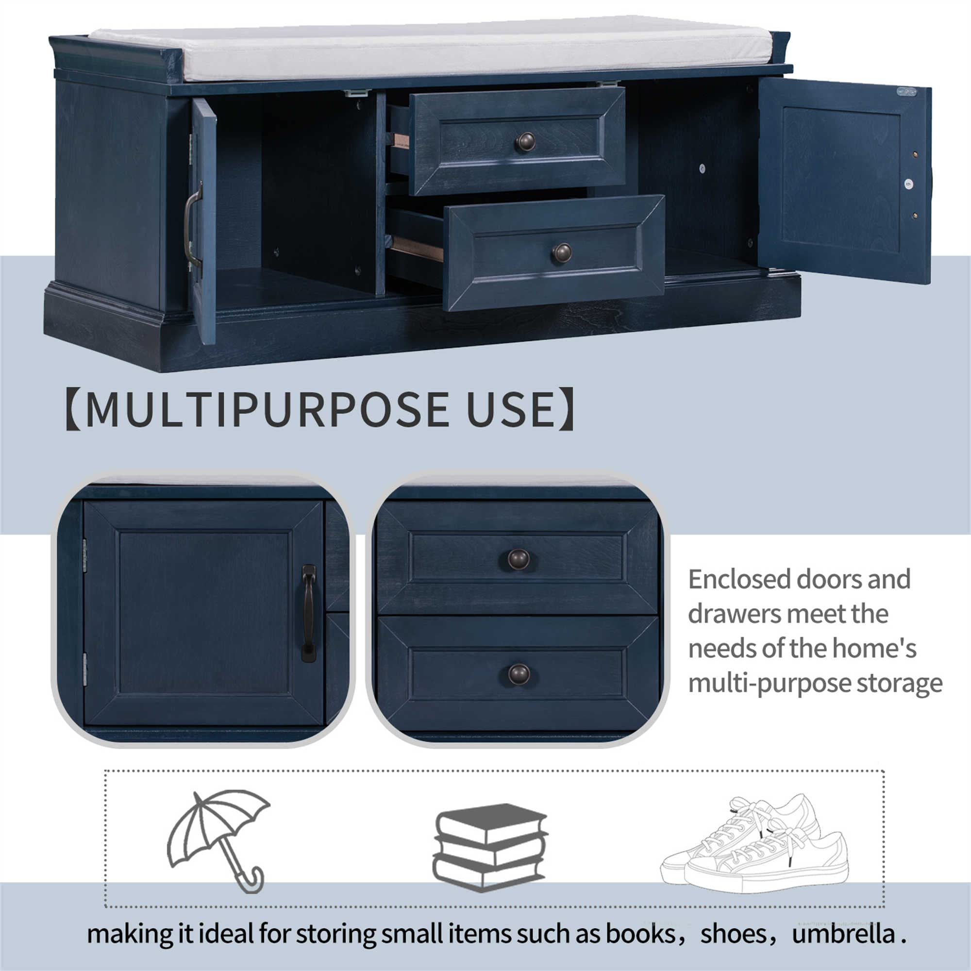 Rustic Wooden Storage Bench with 2 Cabinets & 2 Drawers - Entryway Shoe Bench with Removable Cushion - Antique Navy Organizer for Bedroom, Hallway, Living Room - Perfect for Small Space Storage & Entryway Seating