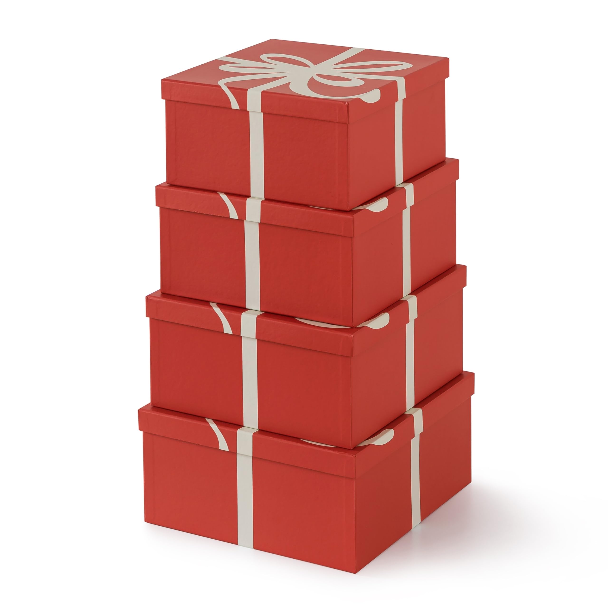 Soul & Lane Christmas Square Decorative Gift Boxes with Lids - Set of 4 Reusable Nesting Holiday Storage Containers in Festive Red | Perfect for Present Wrapping, Home Décor, Party Favors and Seasonal Organization