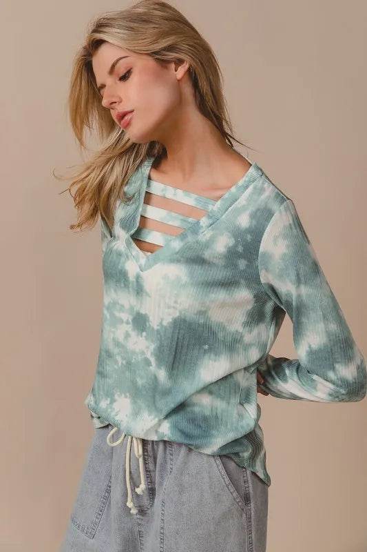 Bibi Variegated Tie Dye Rib V Neck Top With Straps in Dusty Sage Multi - Stylish Boho Chic Blouse for Women, Perfect for Summer Festivals, Beach Vacations & Casual Outings