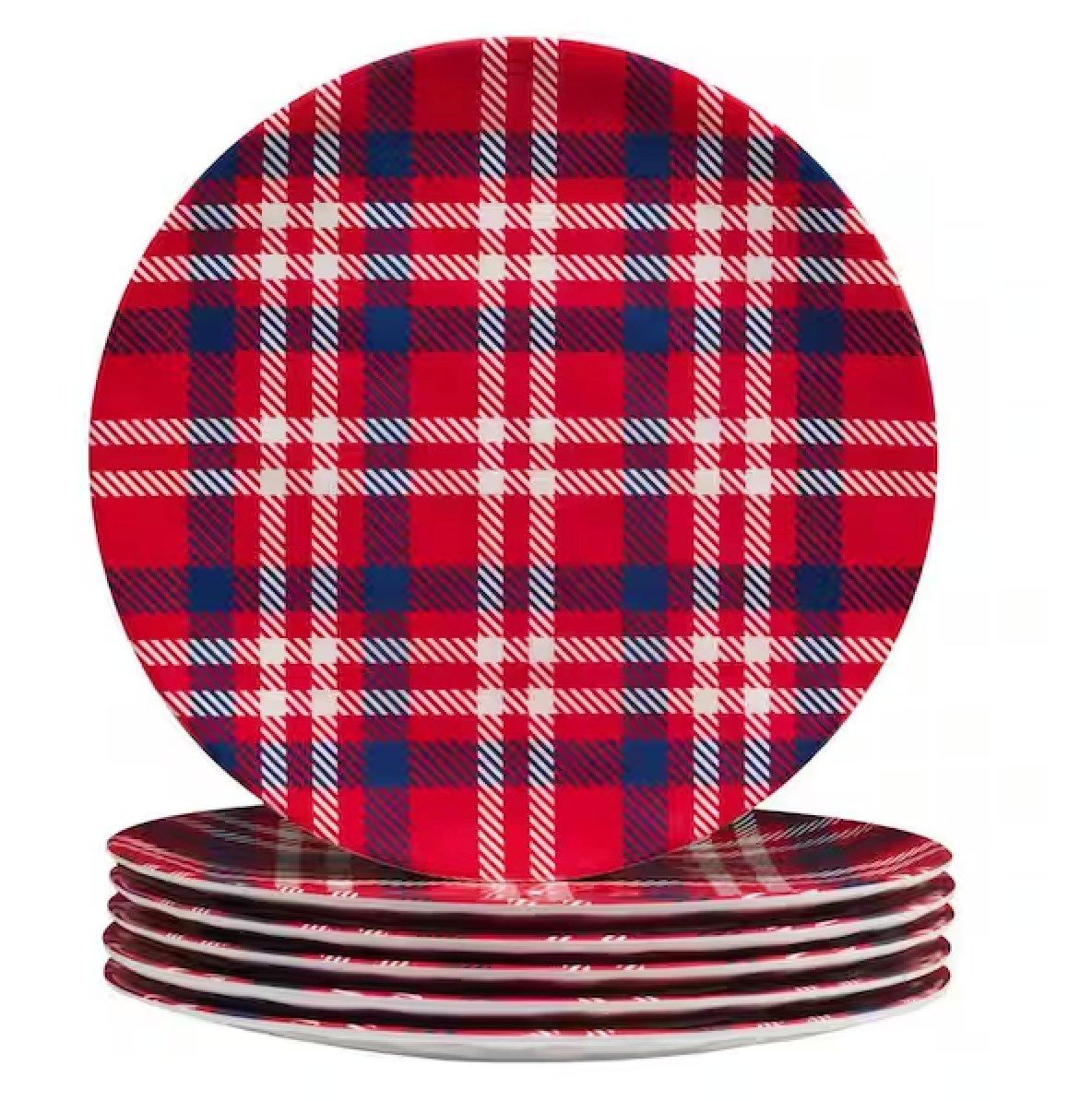 Patriotic Plaid Melamine Dinner Plates - Durable & Lightweight Melamine Dishes for Outdoor Picnics, BBQs, and 4th of July Parties