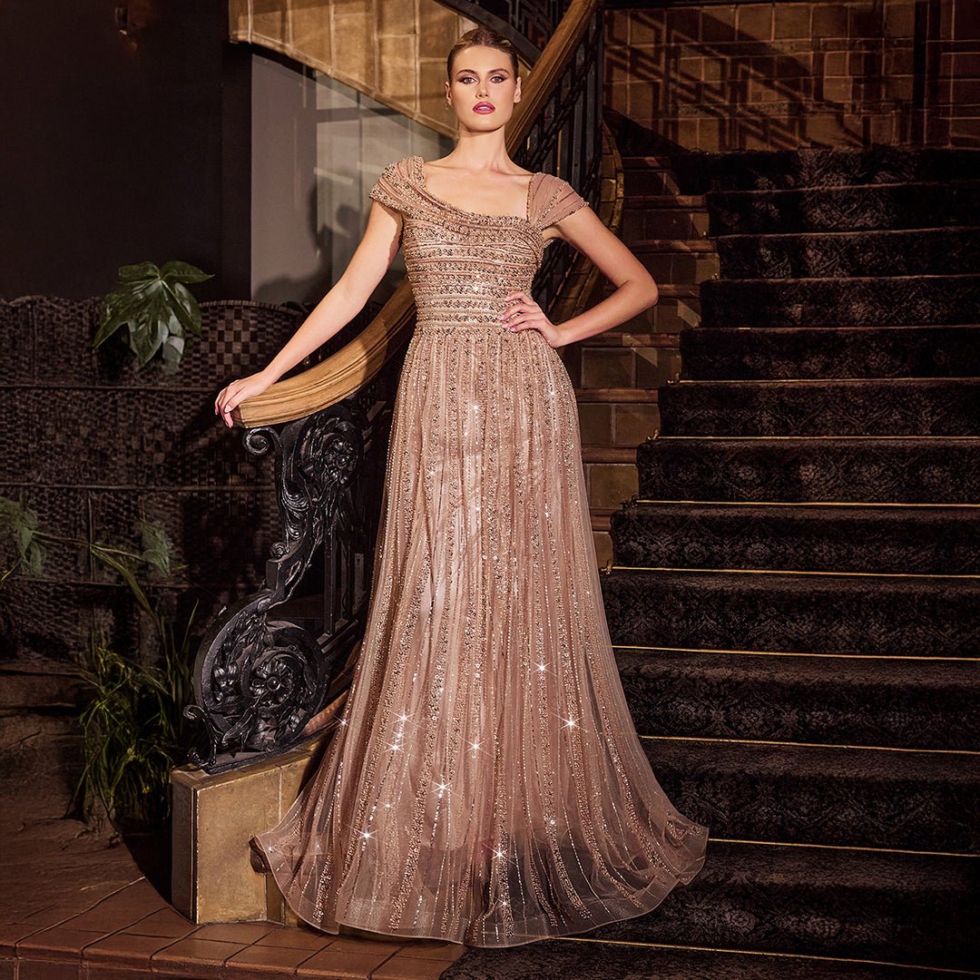 Ladivine by Cinderella Divine Mocha Gold Beaded Off Shoulder A-Line Prom Dress for Homecoming, Wedding, Party & Special Occasions