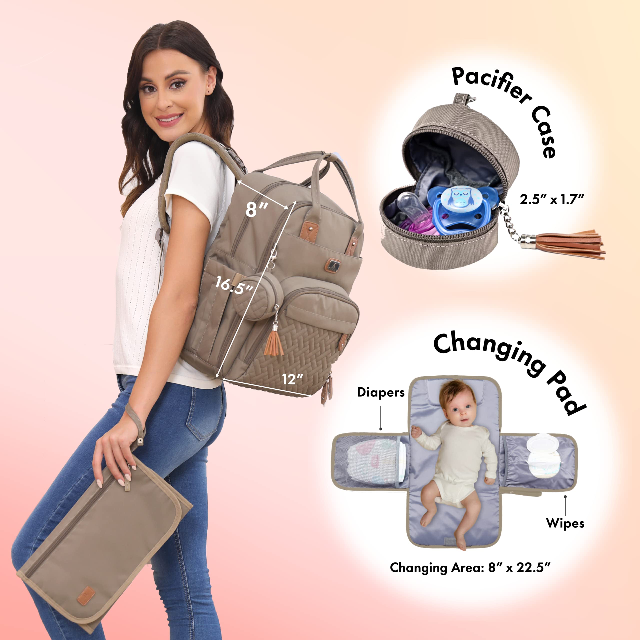 Diaper Backpack for Women & Men - Waterproof Polyester Baby Bag with Portable Changing Pad - Perfect for Travel, Daycare & Outdoor Adventures (Khaki)