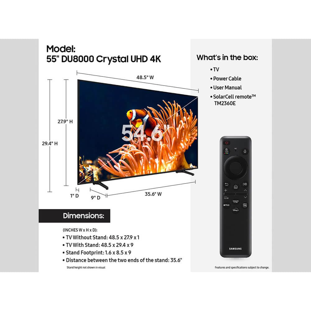 Refurbished Samsung 55-inch DU8000 Crystal UHD 4K Smart TV with Alexa Built-in (2024 Model UN55DU8000FXZA) - Perfect for Home Theater, Gaming & Streaming Netflix, Hulu, Prime Video