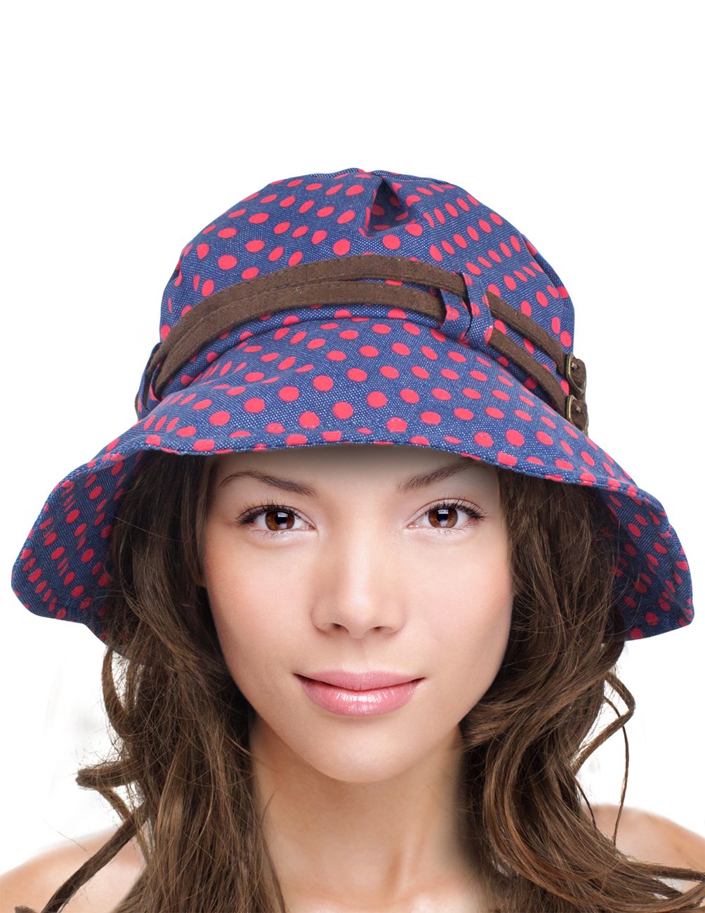 Dahlia Women's Summer Sun Hat - Wide Brim Bucket Hat with Adjustable Belt & Stylish Polka Dot Design - UV Protection for Beach, Gardening, and Outdoor Activities