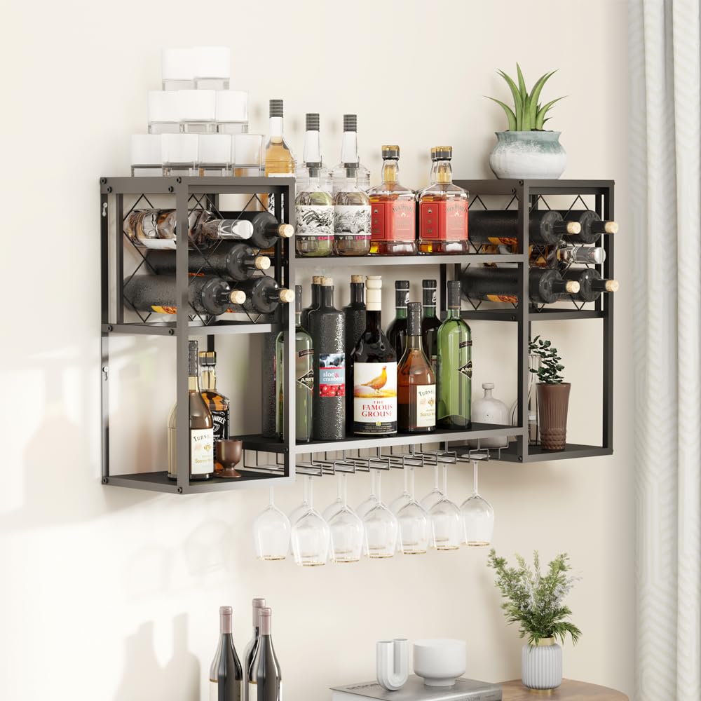 2-Tier Metal Wall Mounted Wine Rack - Floating Bar Shelf with Glass Holder for Liquor Bottles Storage - Perfect for Home Bar, Kitchen & Dining Room Decor (Black) - Ideal for Wine Display, Glass Organization & Space-Saving Storage