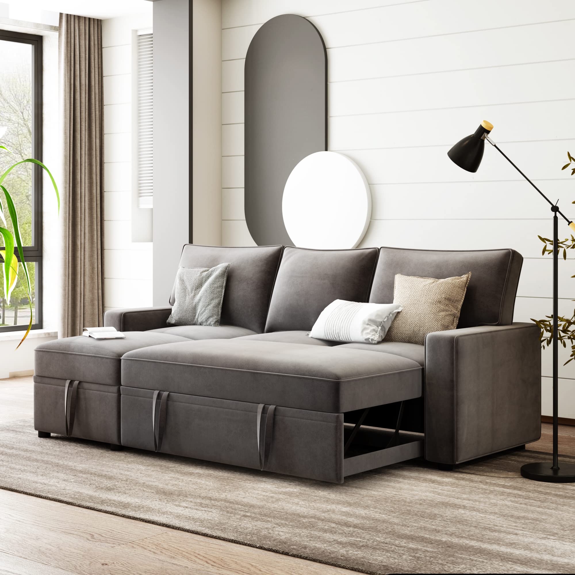 82 Inch Modern Sleeper Sectional Sofa with 2 Pull-Out Beds & Chaise Lounge - 3-Seater Corner Couch with Hidden Storage | Perfect for Small Apartments, Living Rooms & Guest Rooms