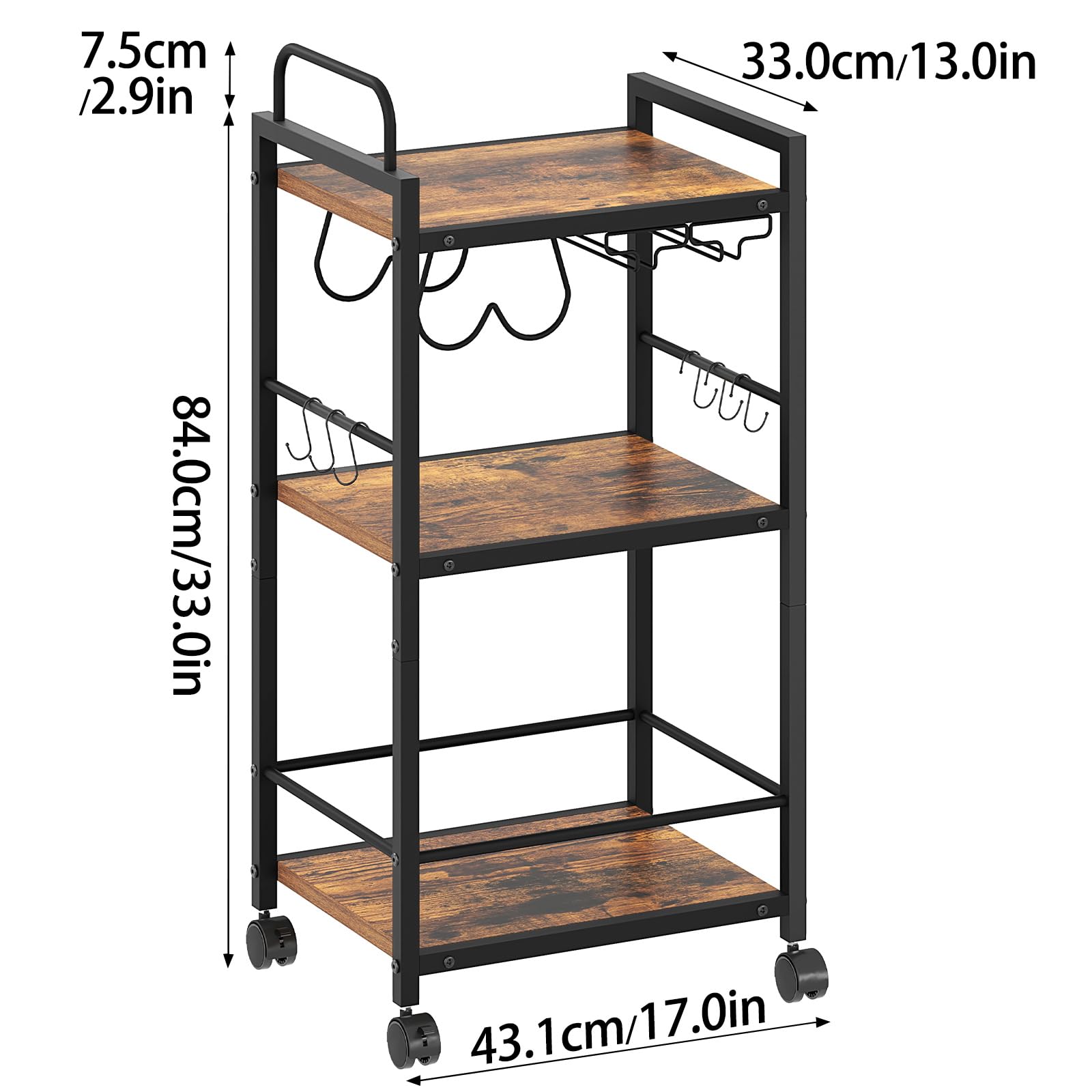 3-Tier Rolling Bar Cart with Wheels & Glass Holders - Rustic Brown Kitchen Cart, Wine Rack for Dining Room, Living Room - 13