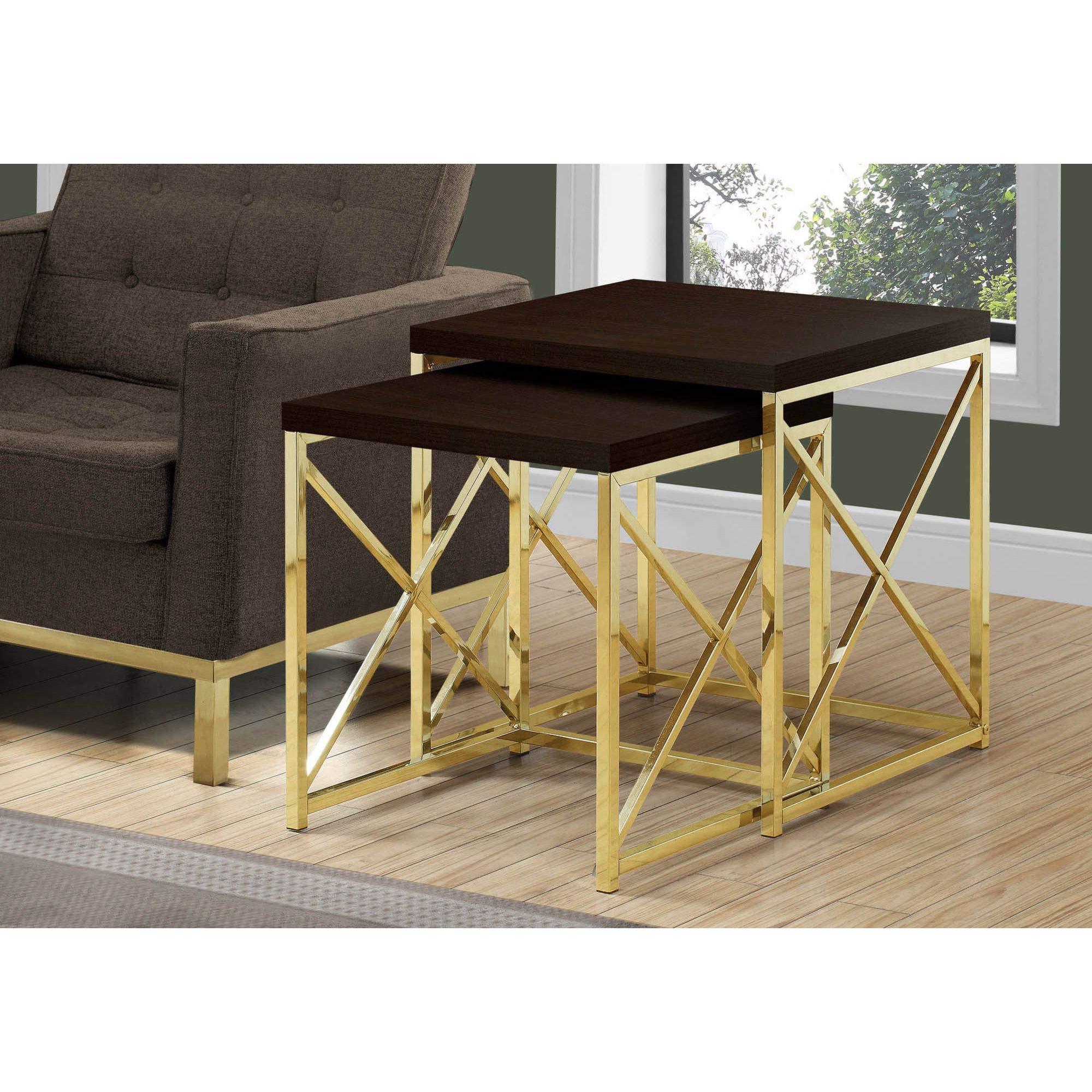 Offex Contemporary 2-Piece Square Nesting Coffee Tables with Gold Metal Frame - Cappuccino Finish | Perfect for Small Spaces, Living Room Decor & Modern Home Accent
