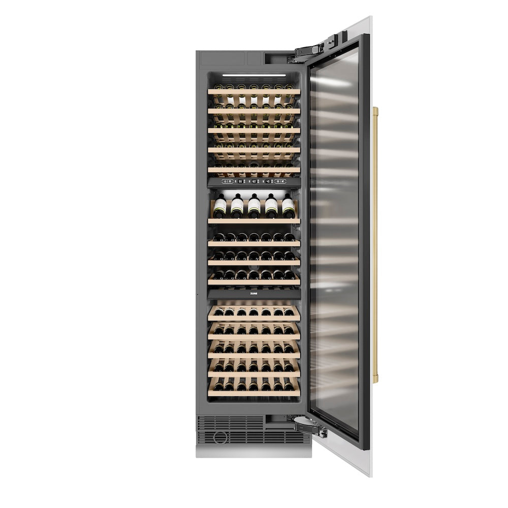 ZLINE Autograph Edition 24-Inch 12.4 cu ft Triple Zone 100 Bottle Wine Cooler Refrigerator - White Matte with Champagne Bronze Accents (RCWVZ WM 24 CB) - Perfect for Home Bars, Wine Cellars, and Entertaining Spaces