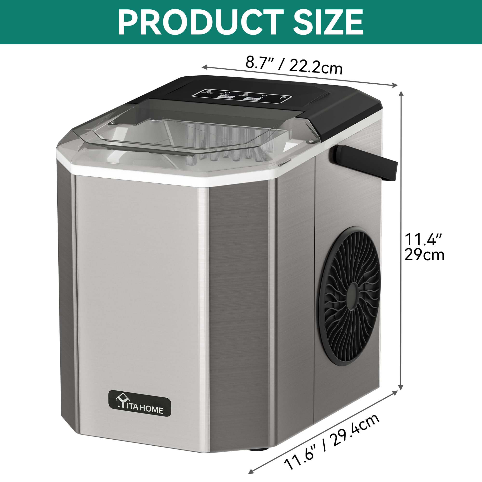 YITAHOME Portable Countertop Ice Maker Machine - 9 Ice Cubes in 6 Minutes, 26LBS/24H - Stainless Steel Self-Cleaning Compact Ice Maker with Handle, Scoop & Basket - Perfect for Home, Office, RV, Boat & Outdoor Parties