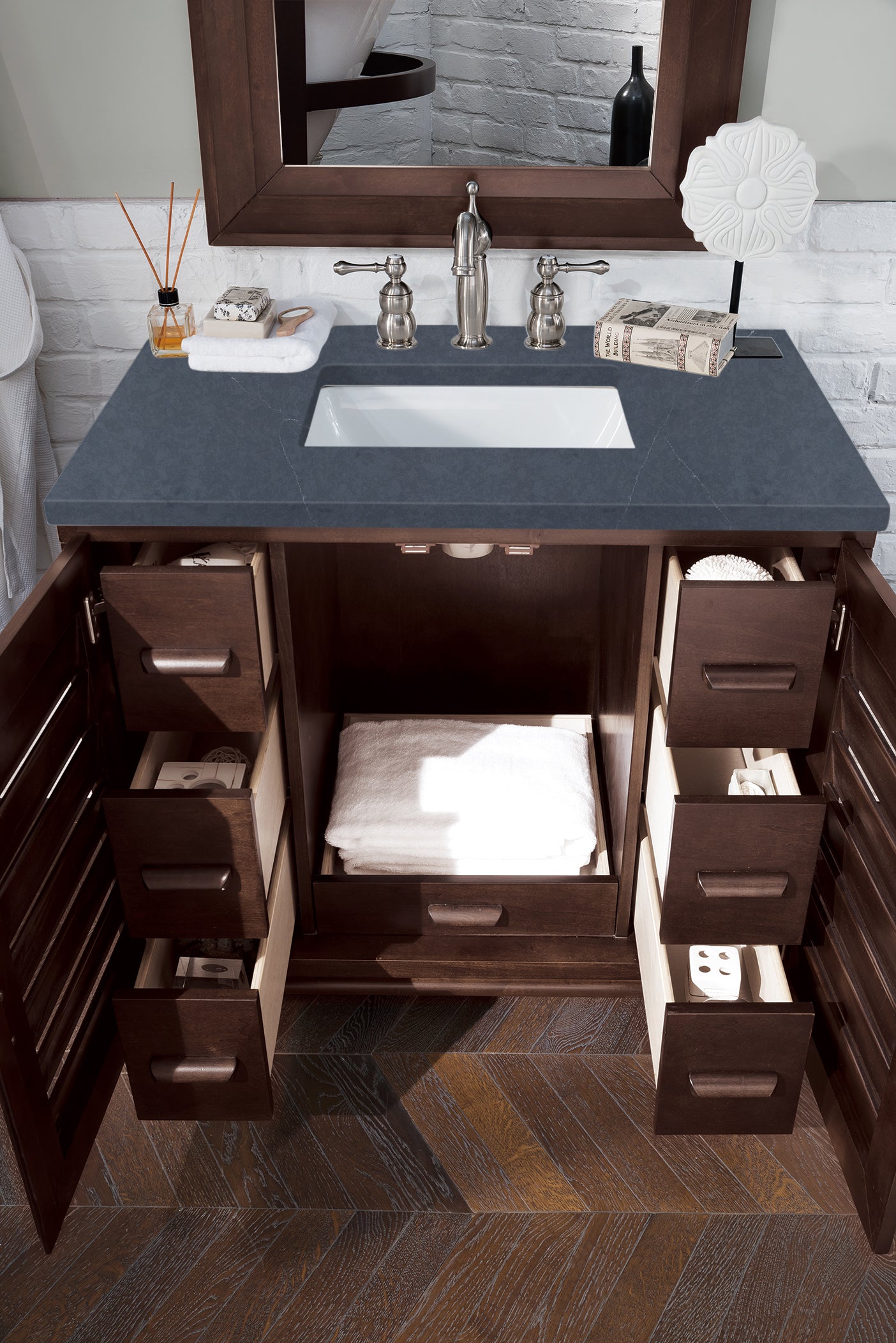 Portland 36 Inch Single Bathroom Vanity with Burnished Mahogany Finish & 3CM Charcoal Soapstone Quartz Countertop - Perfect for Modern Master Bathrooms and Powder Rooms