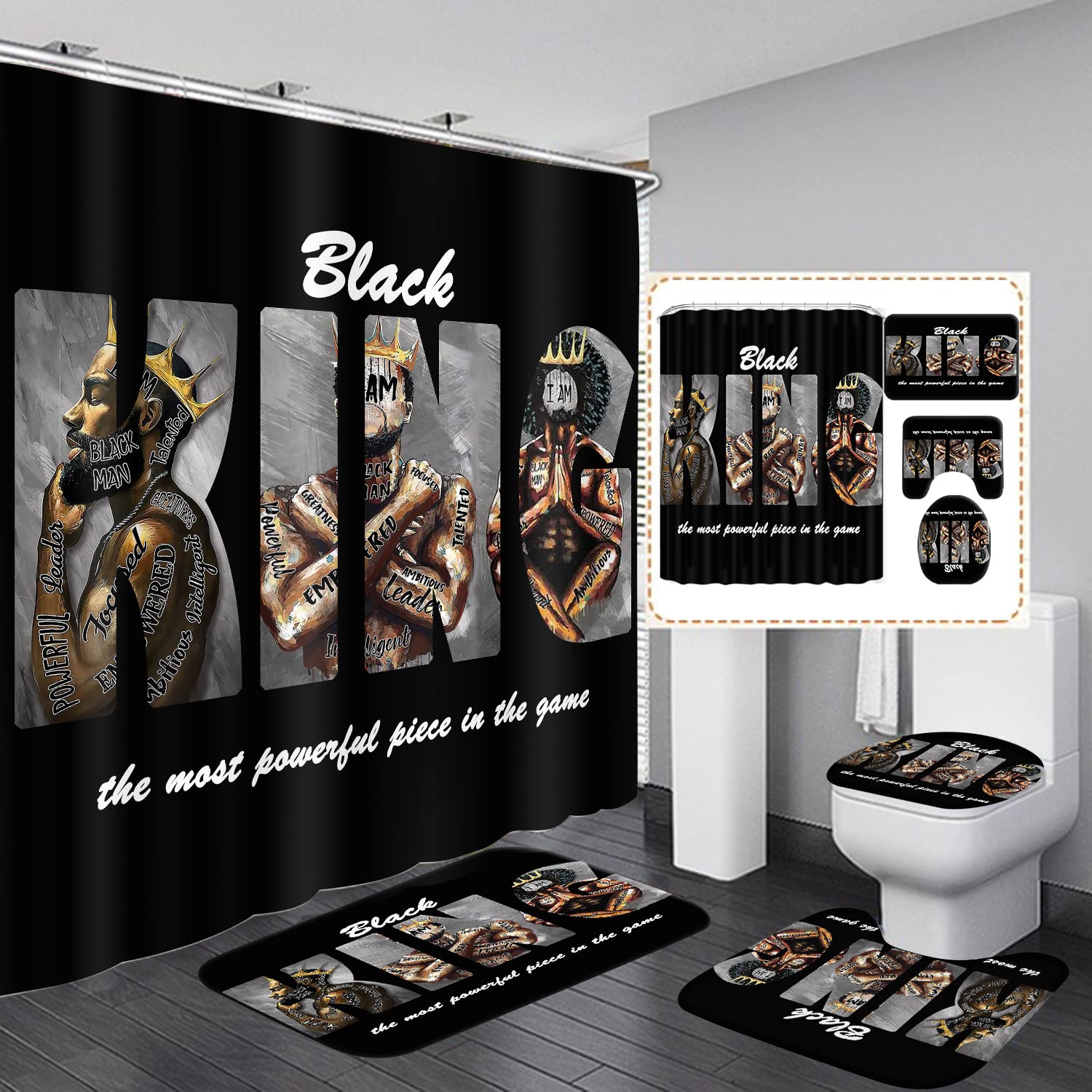 4PCS Black Bathroom Shower Curtain Set with Rugs, Toilet Cover & Non-Slip Mat - Waterproof African American Men's Shower Curtain with Hooks - Perfect for Modern Bathroom Decor & Gift Ideas