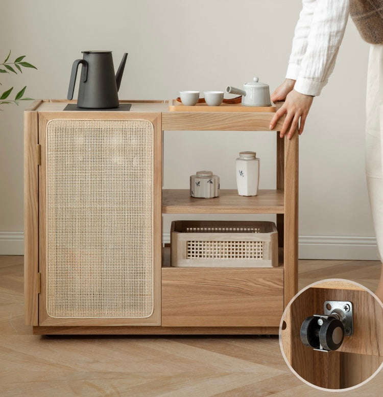 Solid Oak and Ash Wood Tea Maker Mobile Side Cabinet - Portable Side Table for Living Room, Bedroom, or Office