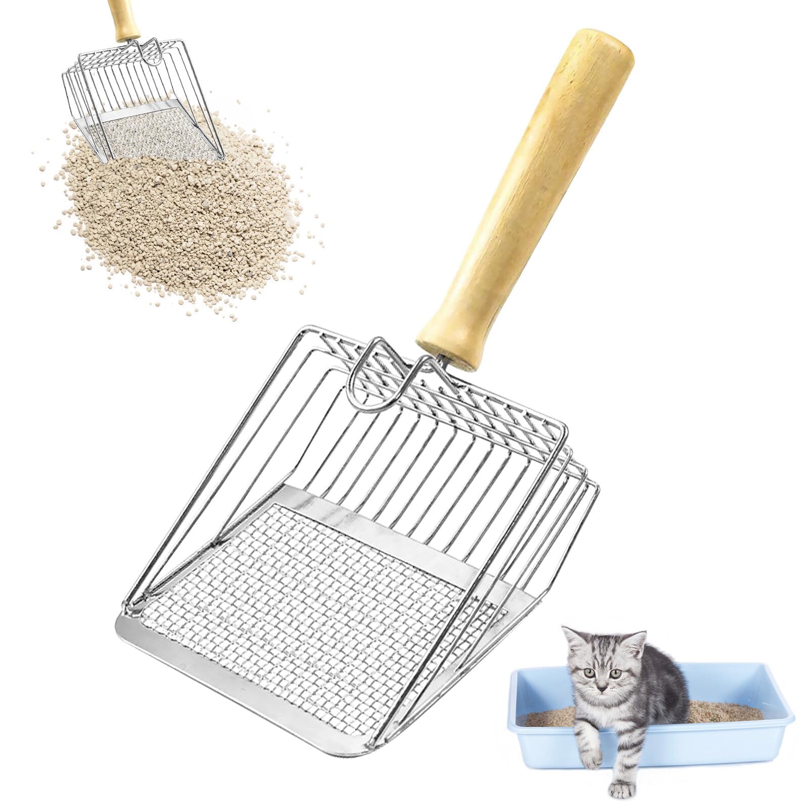 Premium Metal Cat Litter Scoop with Heavy Duty Design & Beech Wood Handle - Durable Litter Box Scooper with Speed Sifter for Quick Cleaning - Perfect for Multi-Cat Homes & Large Litter Boxes