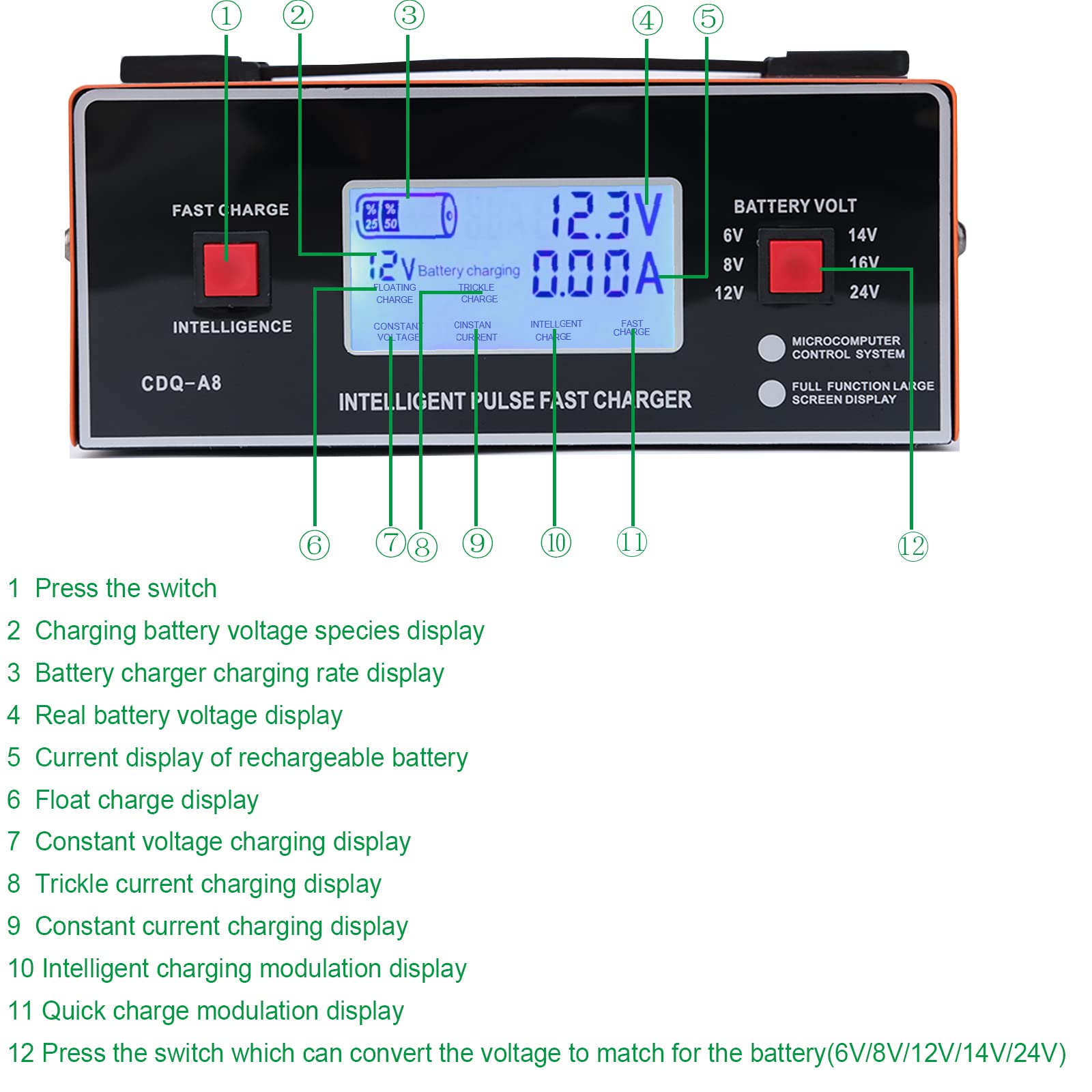 8V 10A Smart Car Battery Charger & Maintainer for 6/8/12/14/16/24V Lead-Acid Batteries - Automatic Charger with Cable Clamps & Handle - Perfect for Automotive, Golf Carts, Marine, RV & Power Sports (Orange)