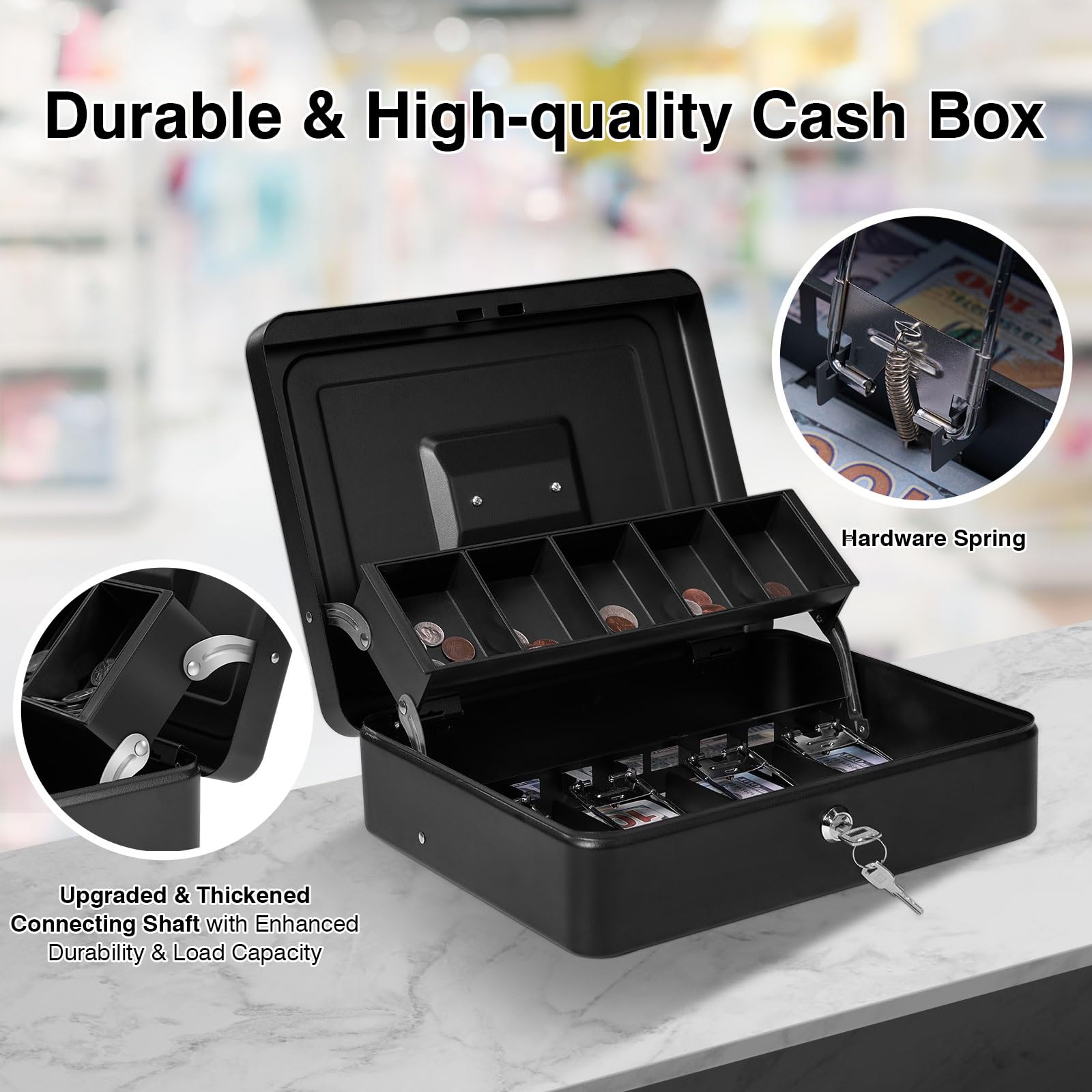 Metal Cash Box with Lock & Key - Durable Money Safe with 4 Bill & 5 Coin Slots, Cantilever Design - Ideal for Retail Stores, Small Businesses, Home Use & Office Cash Management