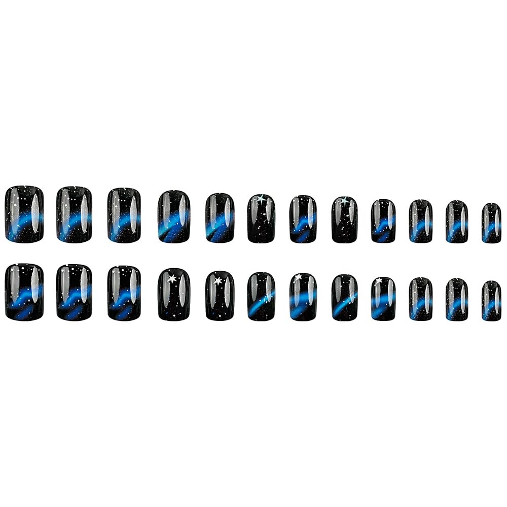 Black Short Square Press on Nails - Blue Ombre Starry Sky Design Acrylic Fake Nails with Glossy Finish | 24PCS Full Cover Glue on Nails for Women & Girls | Perfect for Parties, Weddings, and Daily Wear