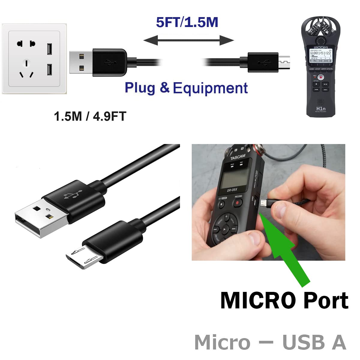 5ft USB Charging Cable for Zoom H1n/Q2n/H8/F1, Tascam DR-05X/DR-40X/DR-07X, LiveTrak L-8 - Compatible with Portable Digital Audio Recorders - Perfect for Field Recording, Podcasting & Music Production