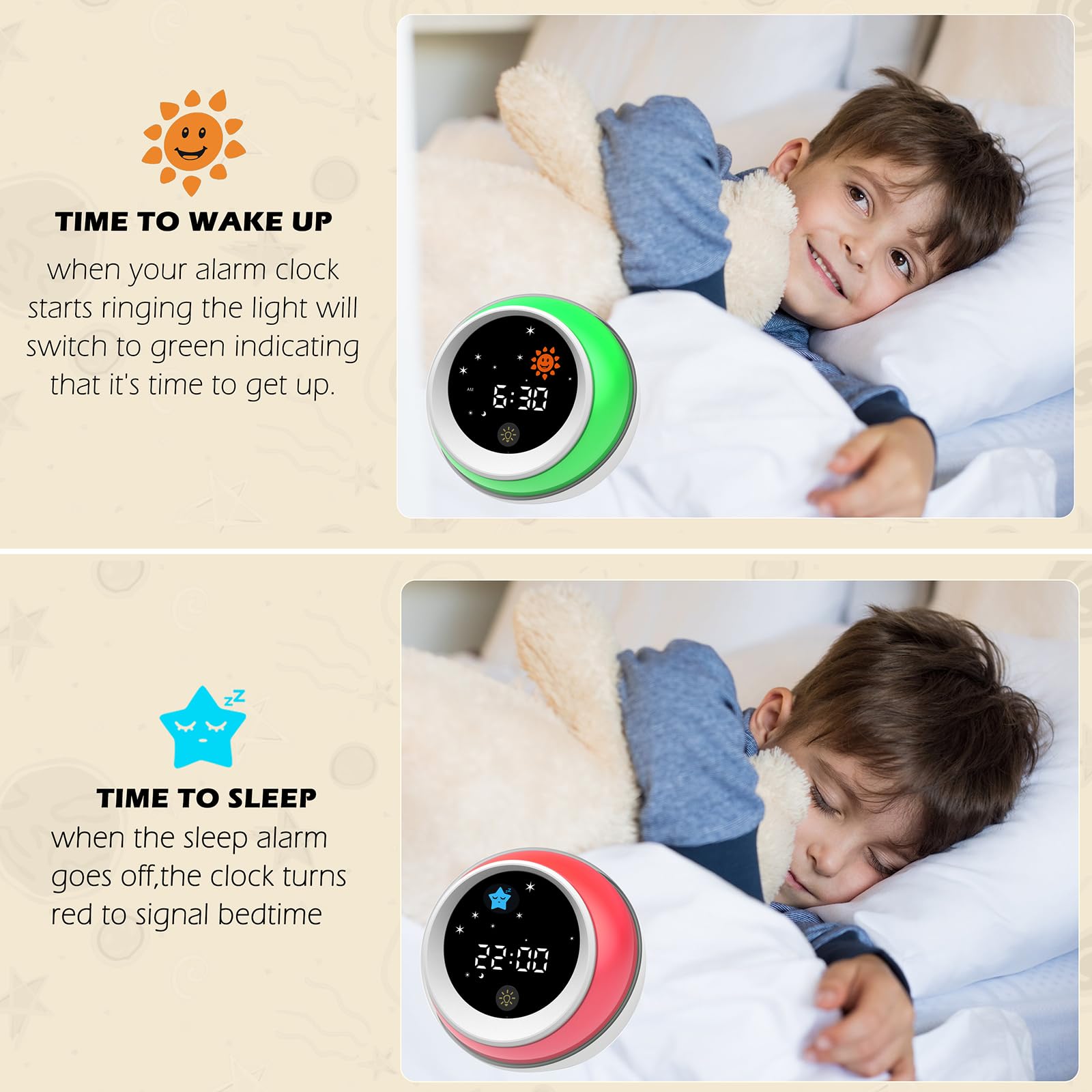 Kids Alarm Clock with Red Light Green Light - Sleep Training Clock for Children | Sun & Star Design, Built-in Sound Machine, Night Light & Nap Timer | Perfect for Bedrooms, Daycare & Nursery Use