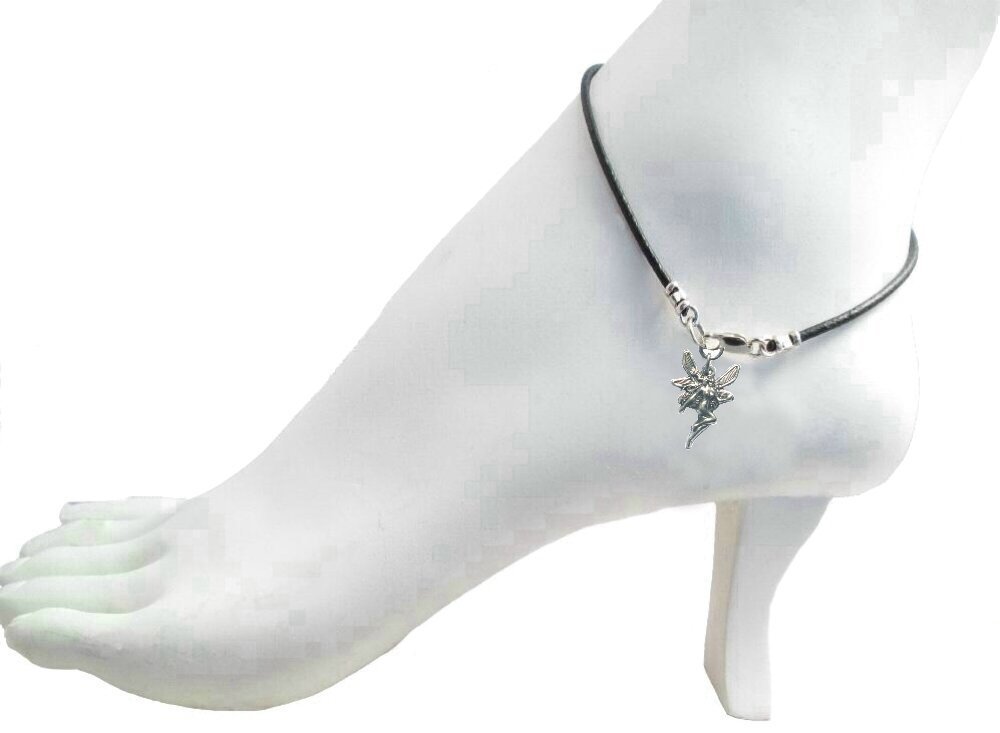9-Inch Black Leather Ankle Bracelet with Silver Fairy Charm & Sterling Silver Clasp - Boho Chic Jewelry for Women, Perfect for Summer Outfits & Beach Vacations