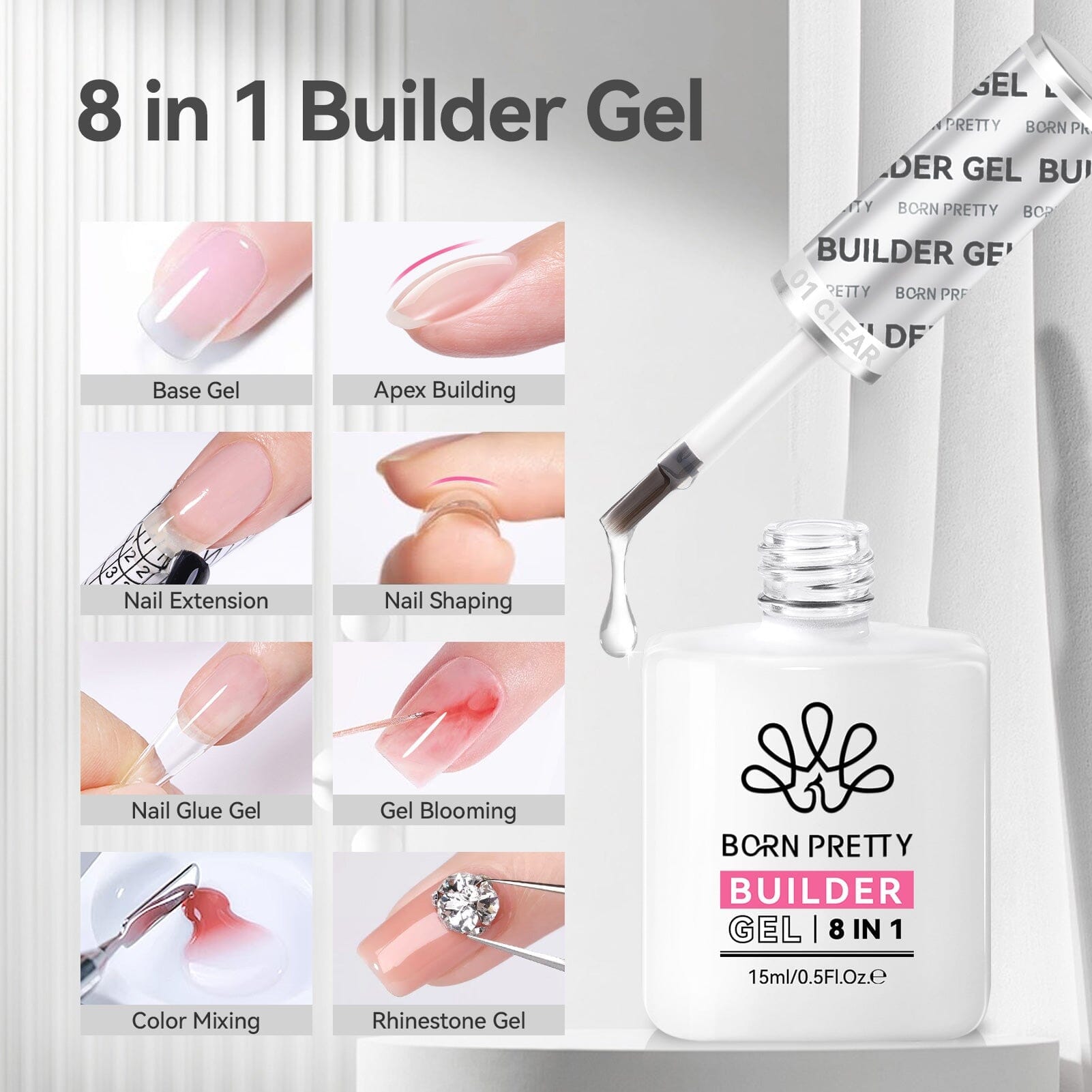 Clear 8 in 1 Builder Gel BG01 15ml - Professional Nail Strengthening & Extension Gel for DIY Manicures at Home or Salon Use