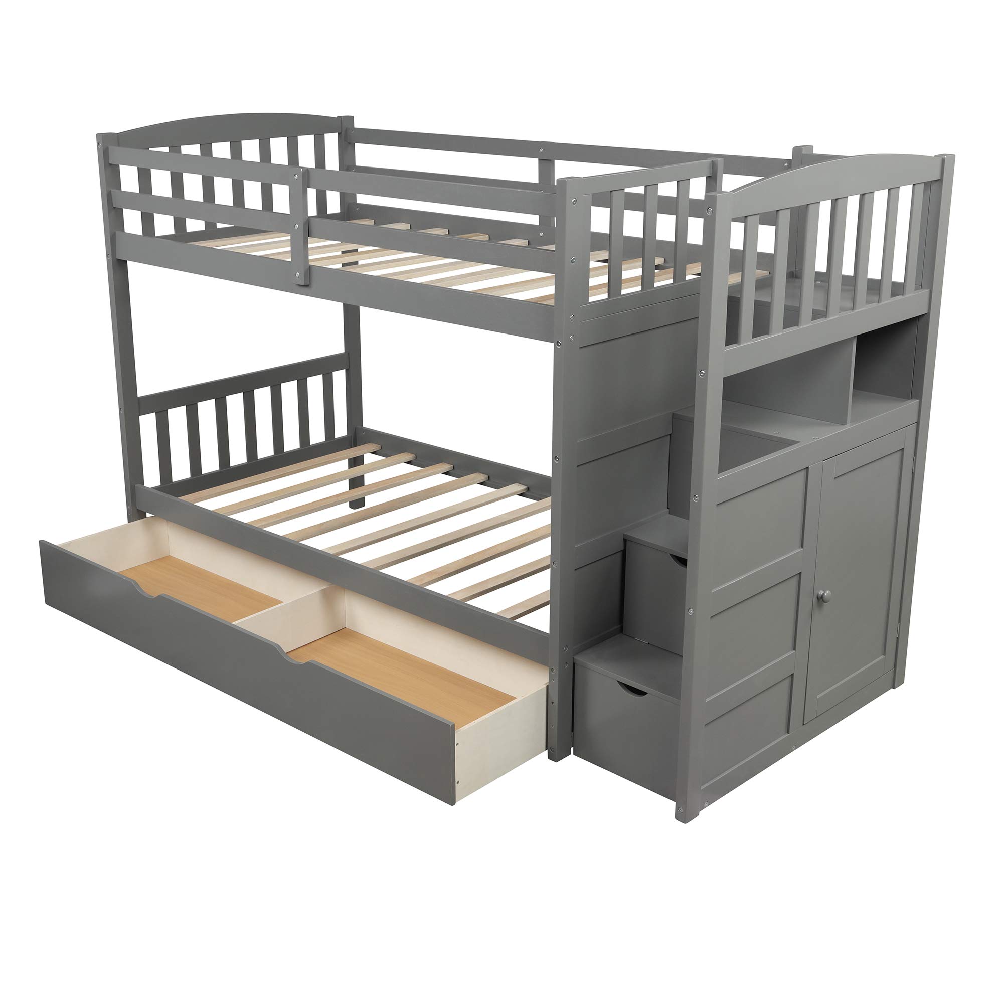 Twin Over Full Bunk Bed with Storage Shelves & Drawers - Convertible Bottom Bed, No Box Spring Needed, Space-Saving Kids Bedroom Furniture (Gray) - Perfect for Small Rooms, Shared Kids' Bedrooms & Guest Rooms