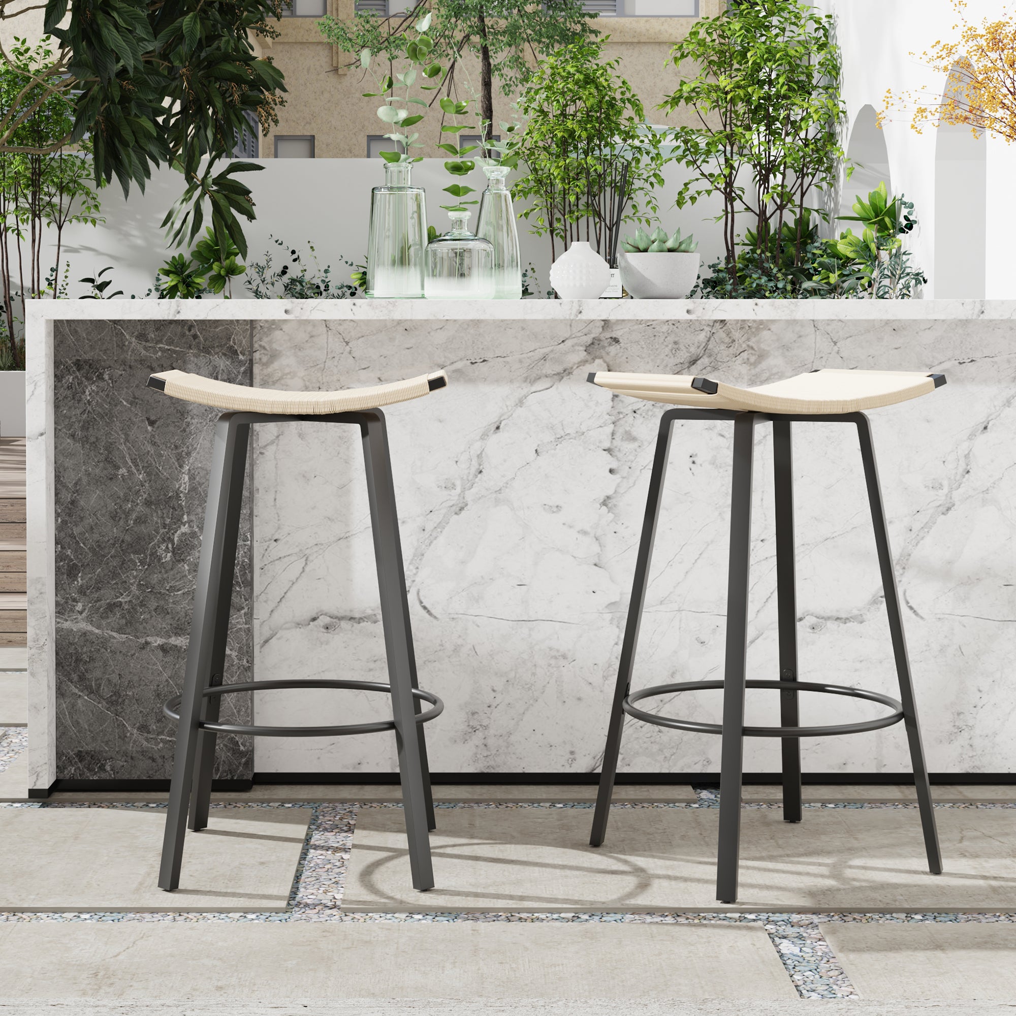 Handwoven PVC Counter Height Bar Stools Set of 2 - Backless Kitchen & Dining Chairs with Round Footrest - Indoor & Outdoor Pub Stools in Black & Creamy White - Perfect for Kitchen Islands, Breakfast Bars, and Outdoor Patios