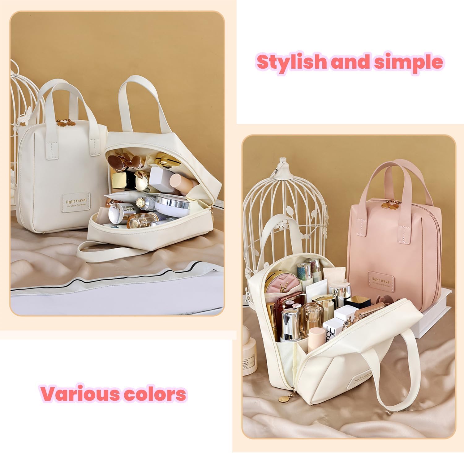 Brikipth Large Waterproof PU Leather Makeup Bag for Women - Cute Travel Cosmetic Organizer with Divider & Handle, Pink | Perfect for Travel, Gym, Daily Use & Gift Giving