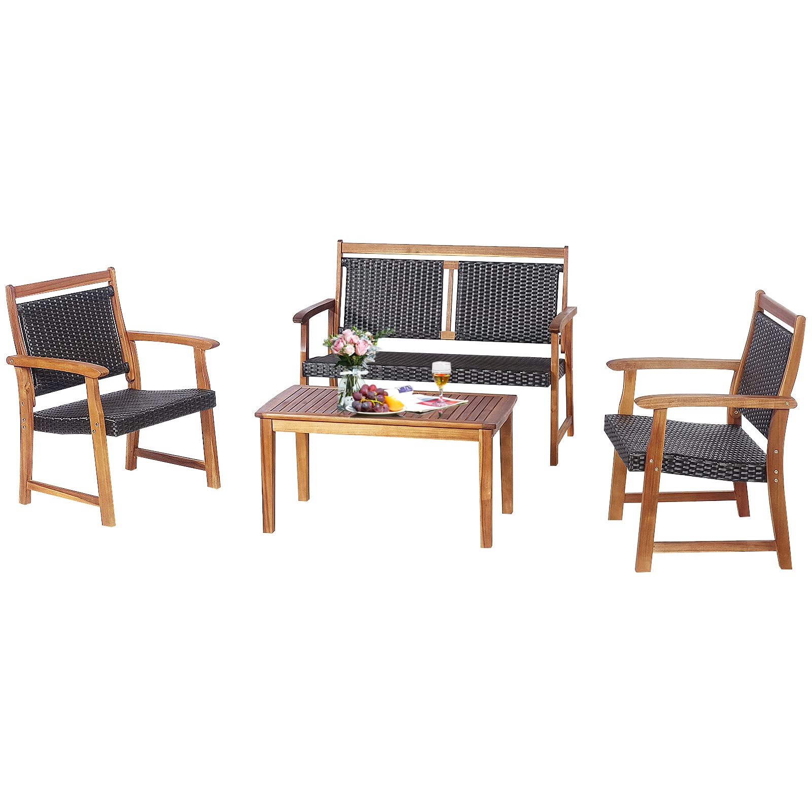Tangkula 4-Piece Outdoor Patio Furniture Set - Rattan Wicker Conversation Set with Acacia Wood Frame, Waterproof Sectional Sofa with Chairs & Coffee Table for Garden, Backyard, Poolside, Deck or Patio - Perfect for Relaxing, Entertaining and Outdoor Gatherings