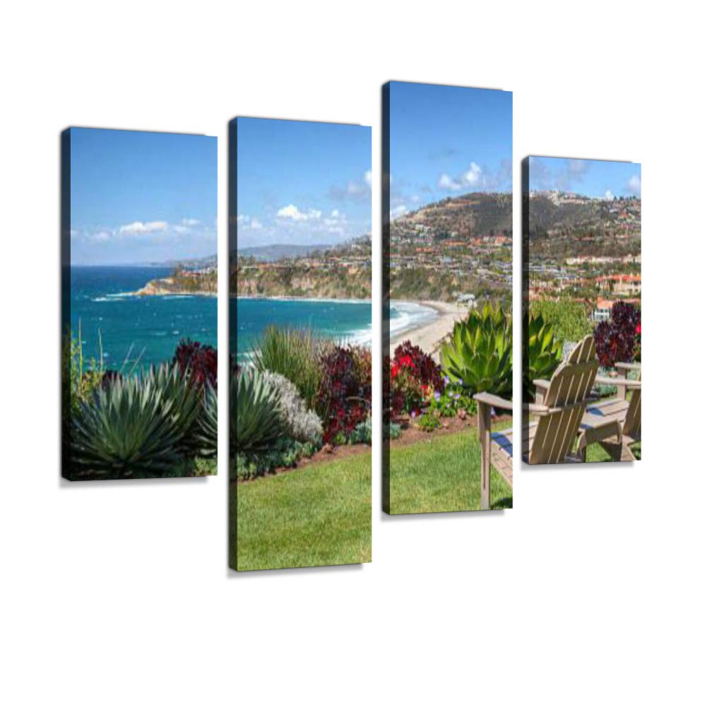 Bluff Top Beach Park Canvas Wall Art - Modern Abstract Painting Prints, 4 Panel Framed Home Decor, Unique Gift for Living Room & Bedroom