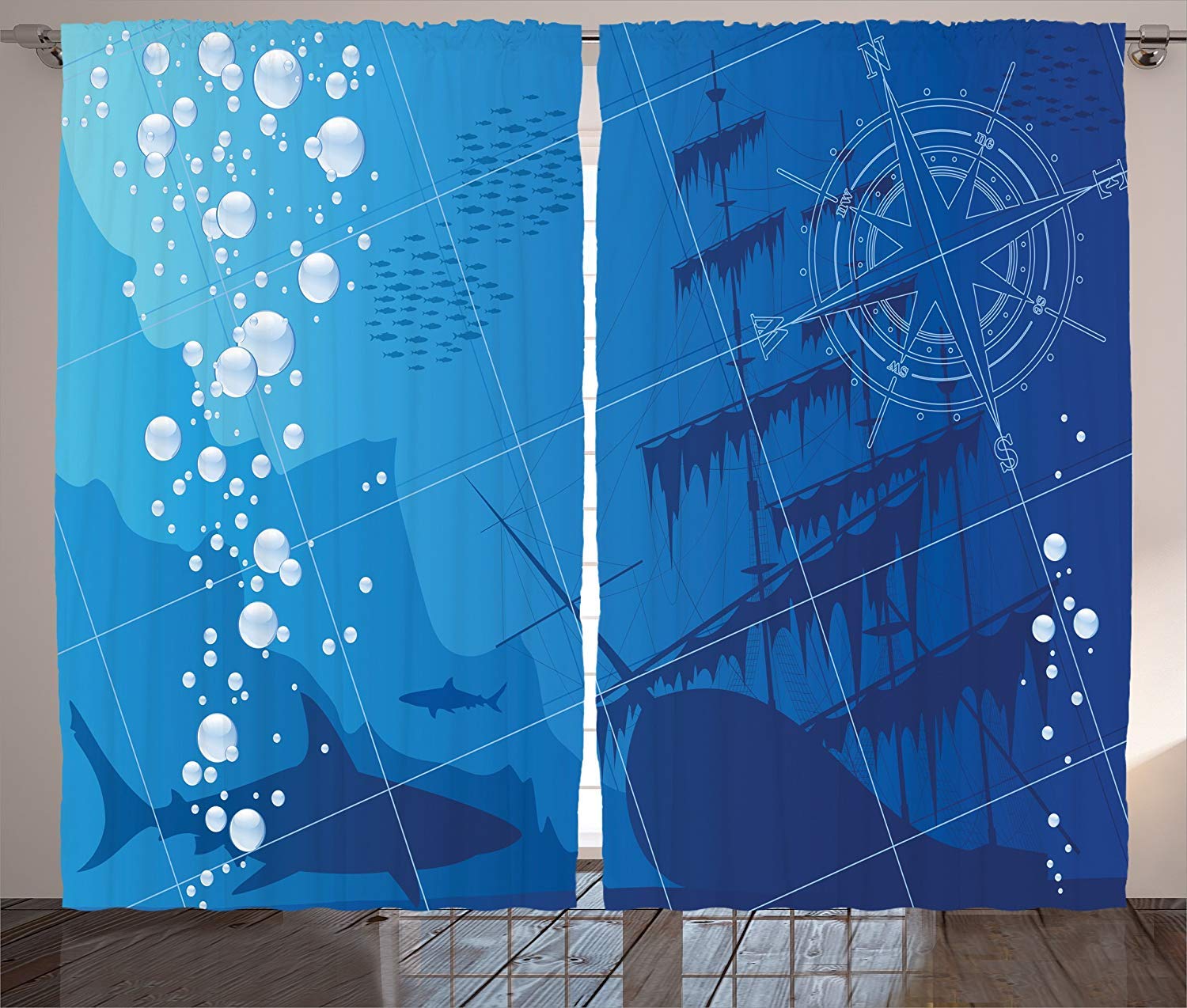 Futuregrace Nautical Blackout Curtains - Underwater Sharks, Vintage Ship & Compass Rose Design, 104x90 Inch Darkening Drapes for Bedroom & Living Room | Perfect for Ocean Theme Decor, Kids Room & Home Theater Light Blocking