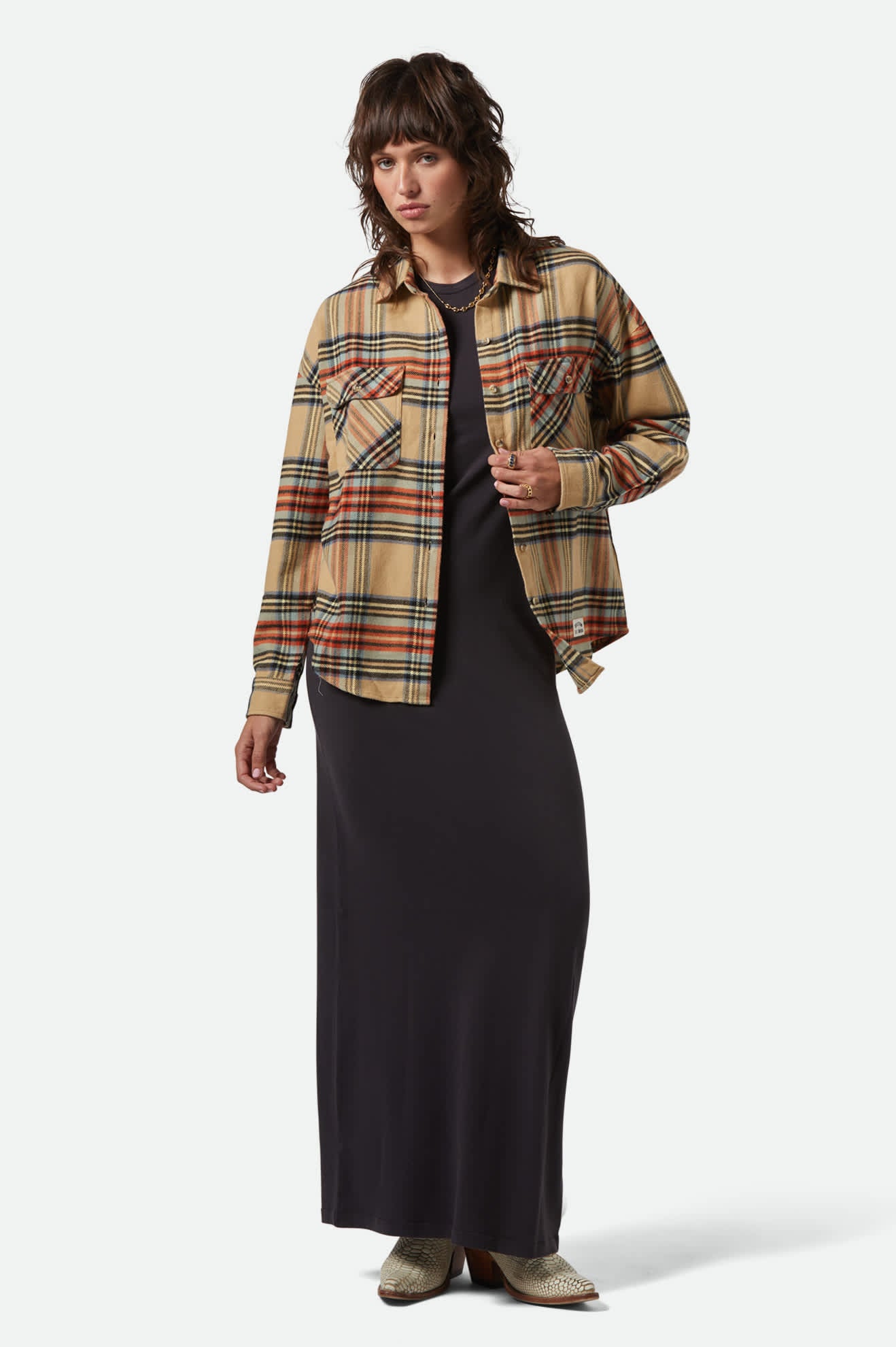 Bowery Women's Classic Long Sleeve Flannel Shirt - Sand, Burnt Brick & Black Plaid - Cozy Fall & Winter Layering for Casual Outfits
