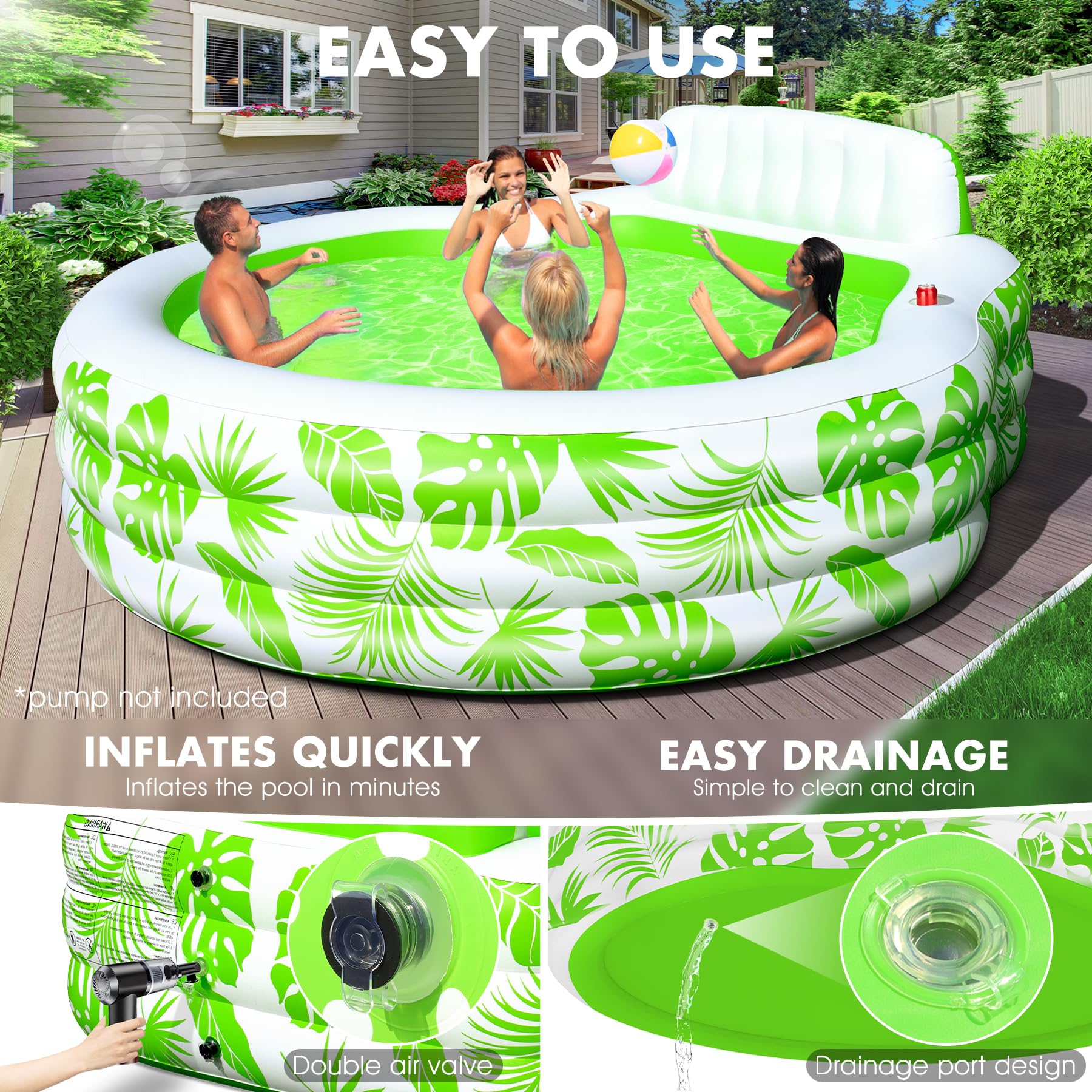 **Inflatable Pool with LED Lights, 90
