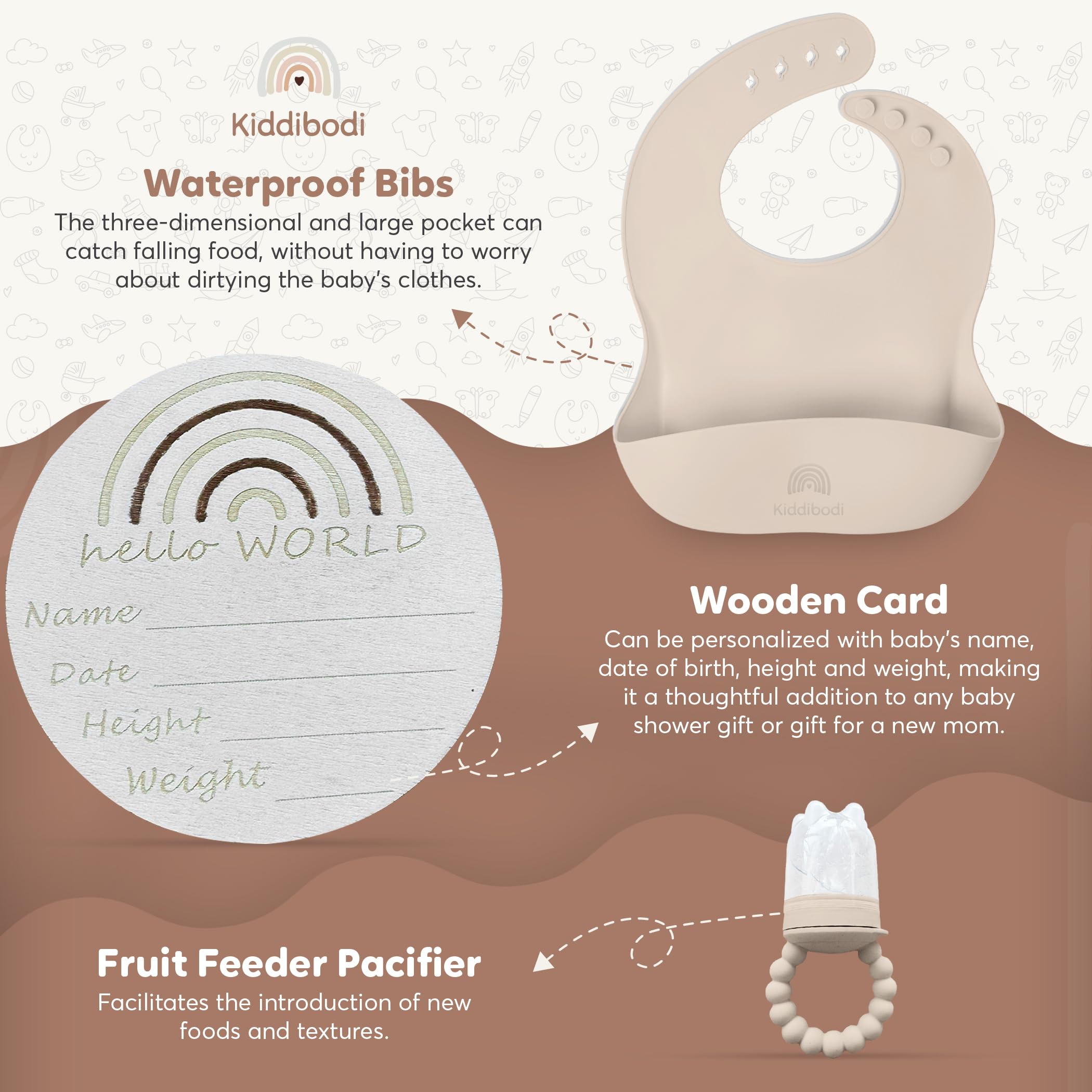 Kiddibodi® Baby Shower Gift Basket Set for Newborns - Gender Neutral Silicone Feeding Essentials with Suction Plate, Bib, Spoon, Sippy Cup & Pacifier Feeder in Natural Rope Basket - Perfect New Mom Gift for Birthdays, Showers and First Feedings