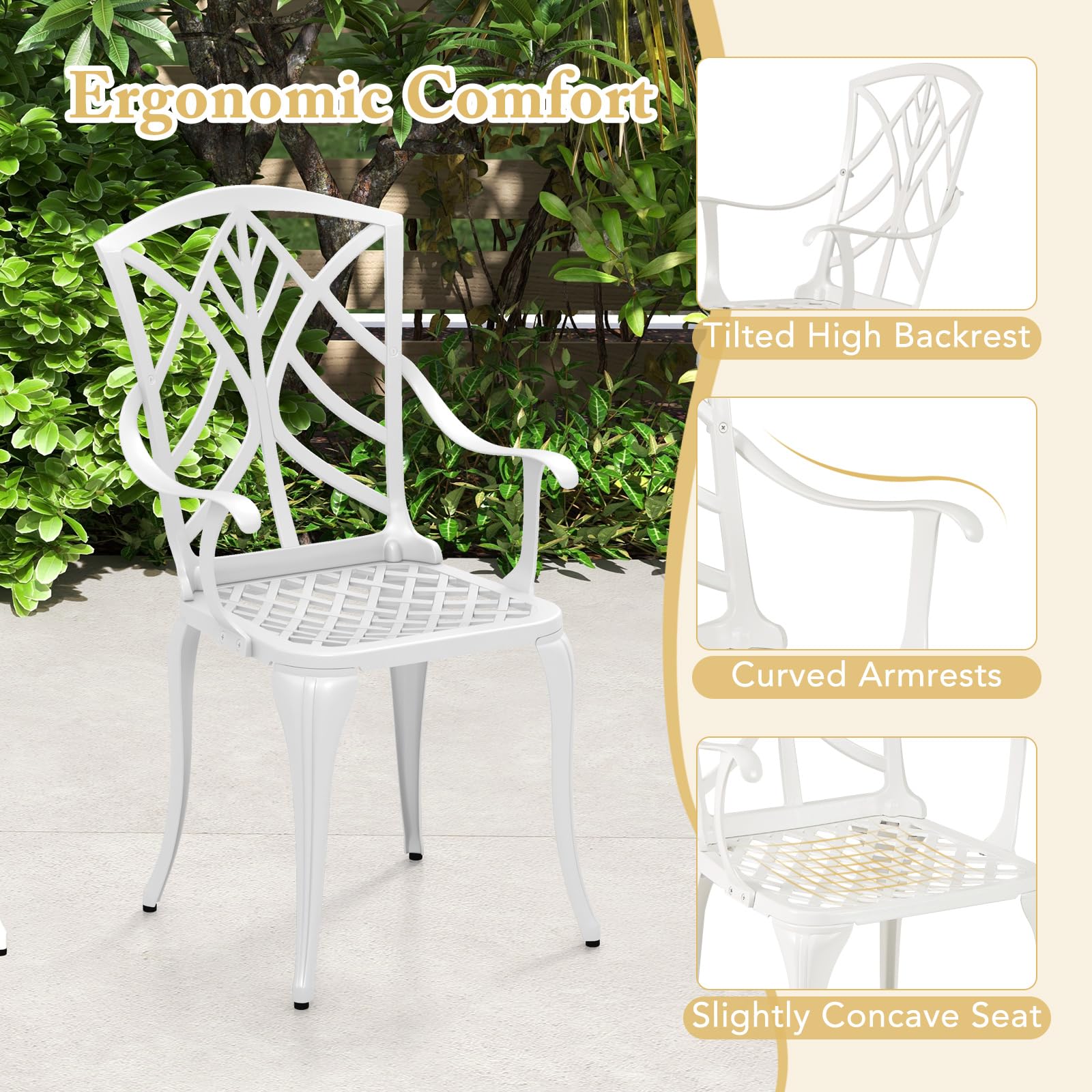 Tangkula 5-Piece Cast Aluminum Outdoor Dining Set - Round Table with 2” Umbrella Hole & 4 Armchairs, All-Weather Patio Furniture for Garden, Backyard, Balcony (White) - Perfect for Outdoor Entertaining & Relaxation