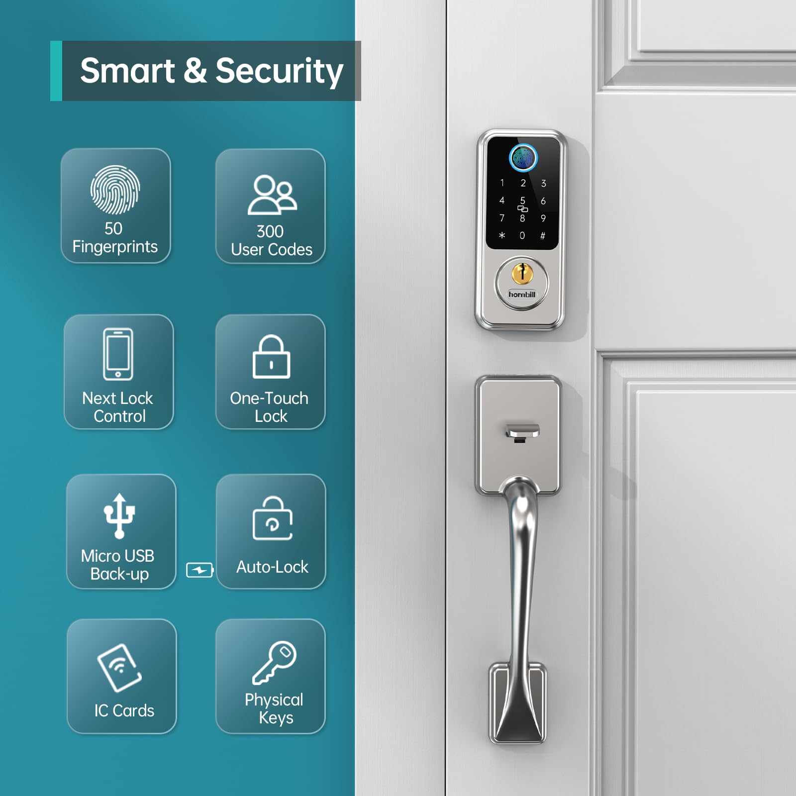Hornbill Biometric Fingerprint Smart Lock with Front Door Handle Set - Keyless Entry Smart Door Lock with Keypad & Bluetooth - 8-in-1 Smart Deadbolt for Home Security - Auto Lock Digital Smart Door Lock for Front Door, Apartment & Office Access