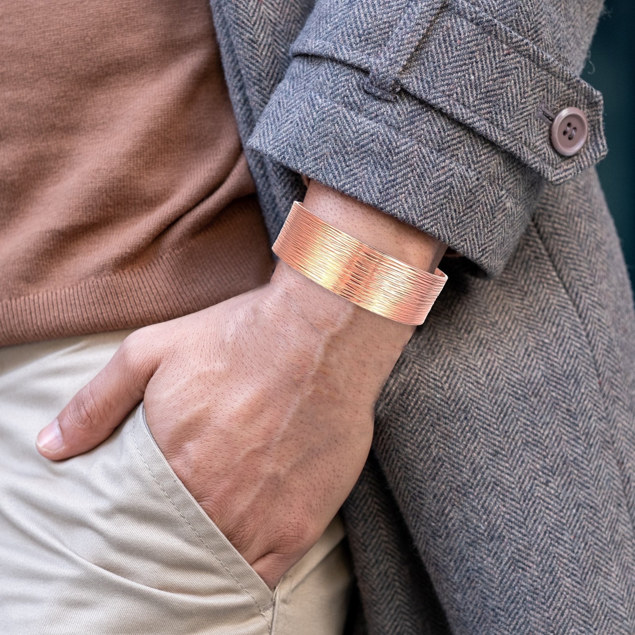 Men's Copper Bark Cuff Bracelet - 3/4 Inch Wide Handmade Bangle for Casual Wear, Gifts & Special Occasions