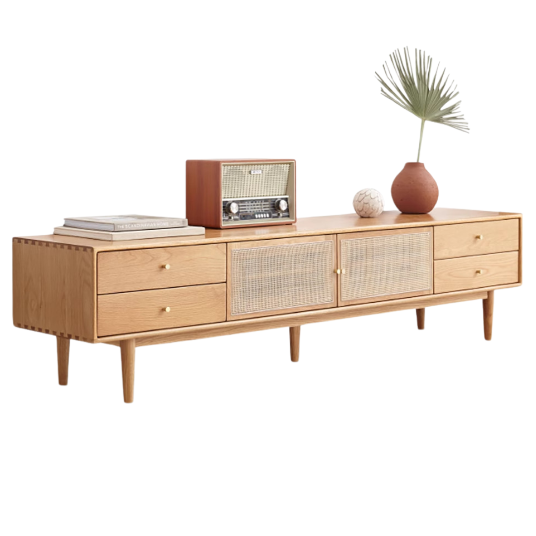 Solid Oak Wood TV Stand with Rattan Doors - Stylish Media Console for Living Room, Bedroom, or Home Theater